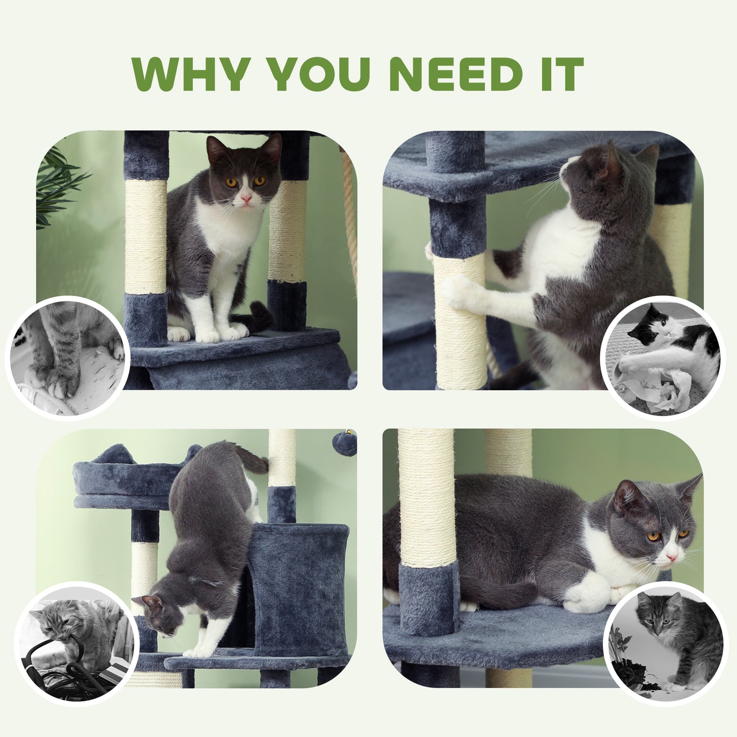 Large Cat Tree Tower with Scratch Posts, Condos, Hammocks & Toys - Gray