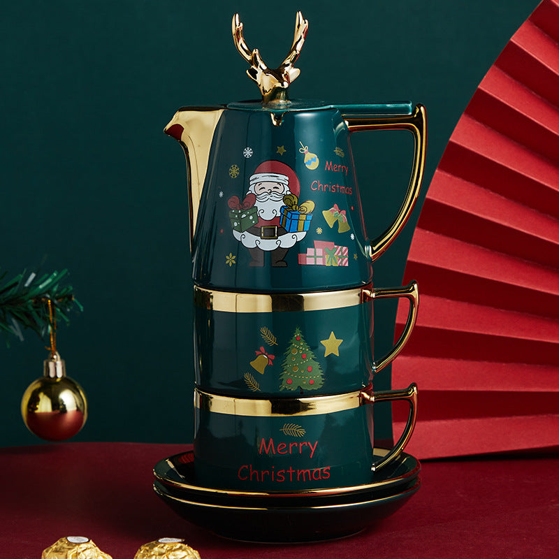 Ceramic Teapot Set with Cups and Plates - Christmas Elk Design, Portable & High-Temperature Resistant