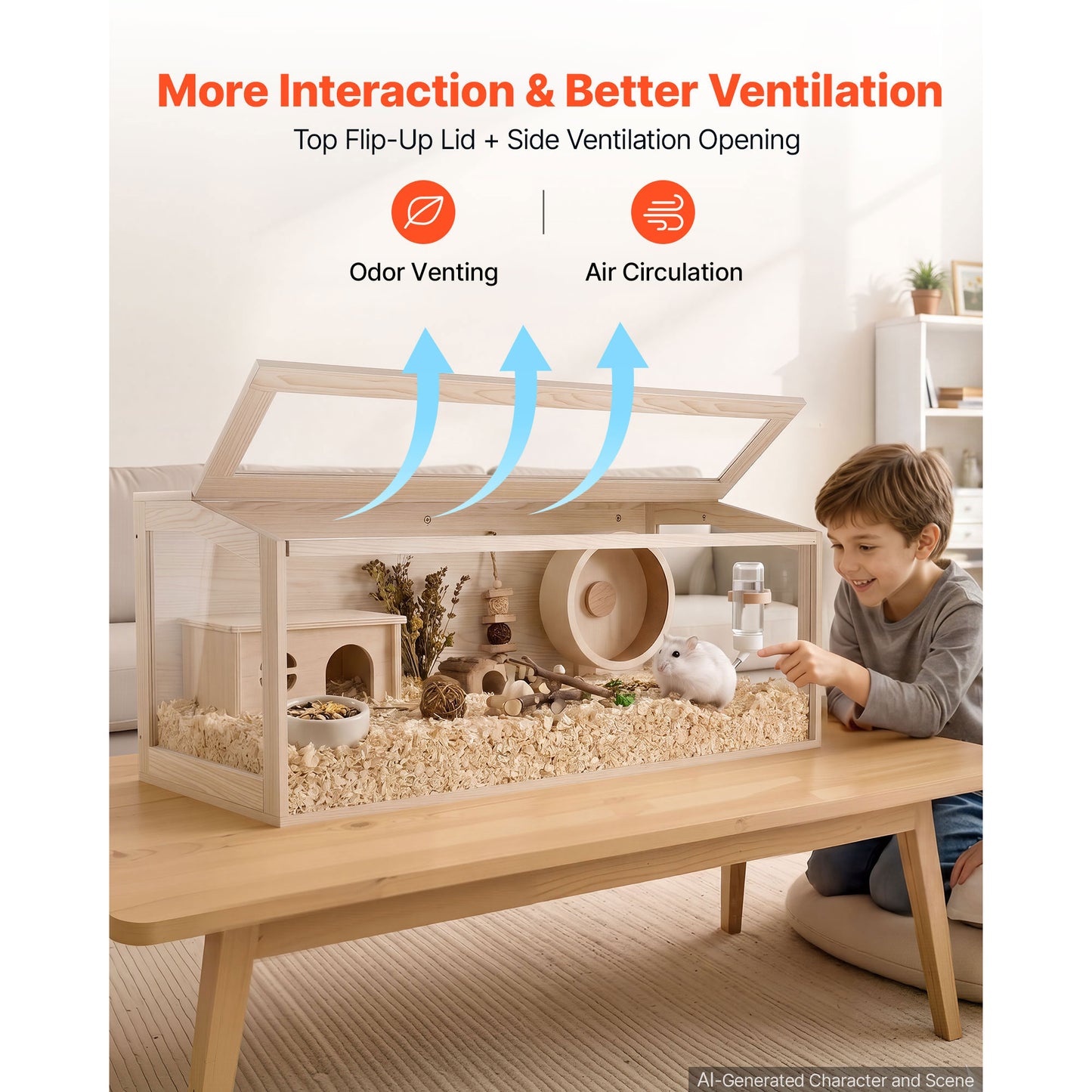 Large Wooden Hamster Cage 48x20.1x20.1 Inches with Acrylic Viewing & Open Top