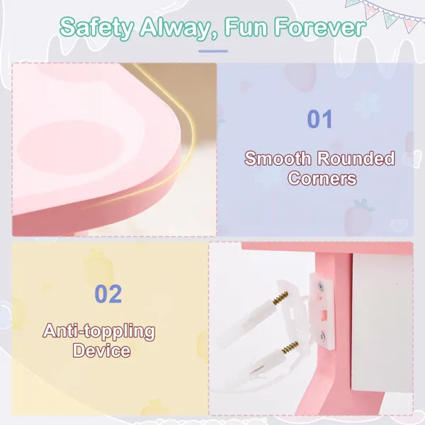 Children's Dressing Table Set - Pink MDF Storage Box with Apple Print