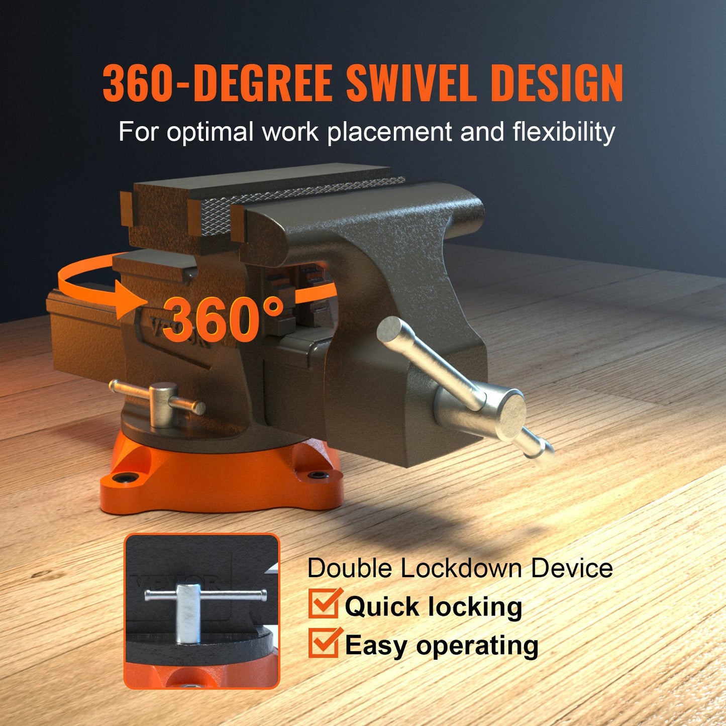 6.5" Bench Vise with 360° Swivel Locking Base & Two-Way Jaw