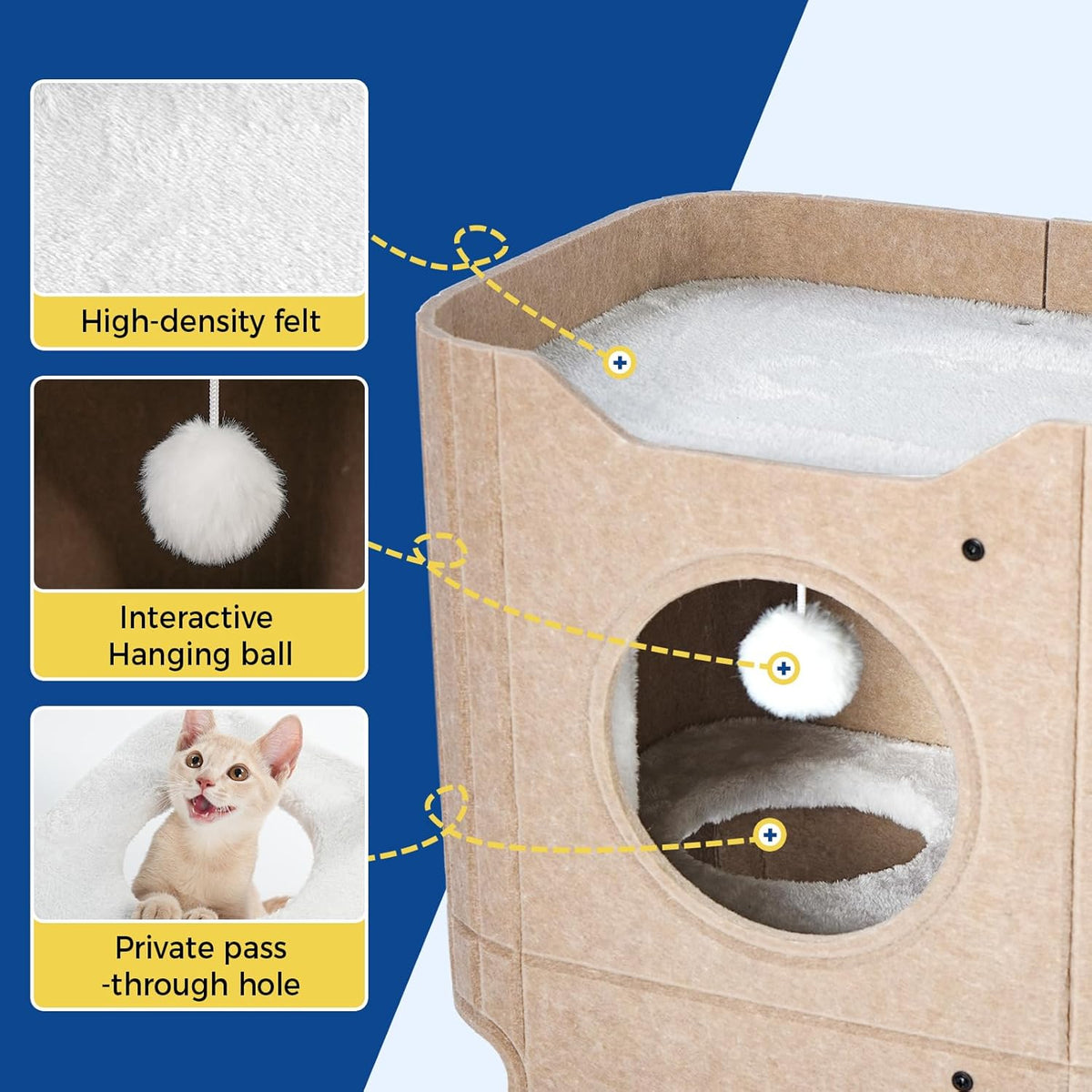 Indoor Felt Cat House with Scratch-Resistant Cube & Hanging Ball - Light Gray