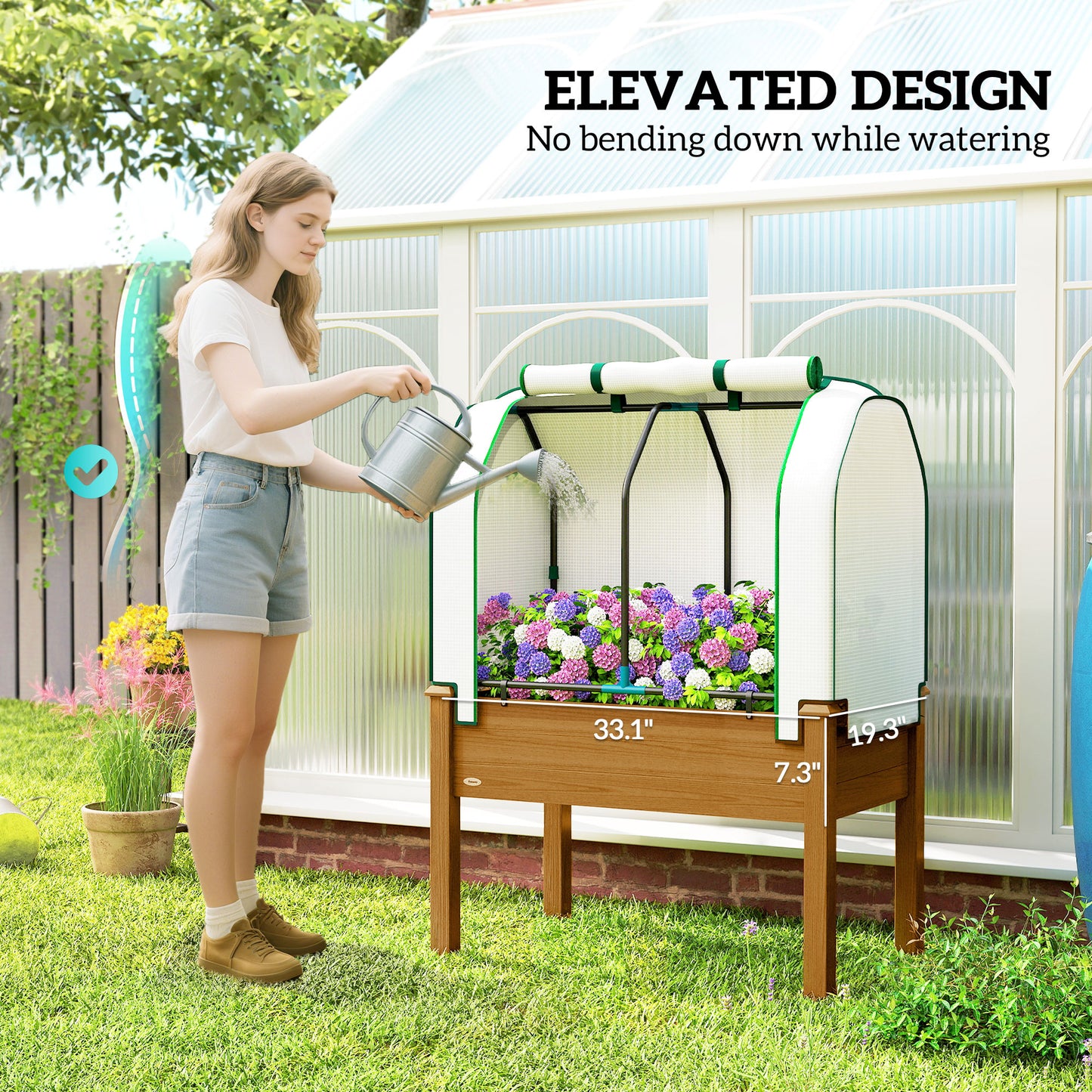 Raised Garden Bed with PE Greenhouse Cover - Outdoor Planter Box for Herbs and Vegetables, 35 x 22 x 47 inches, Brown