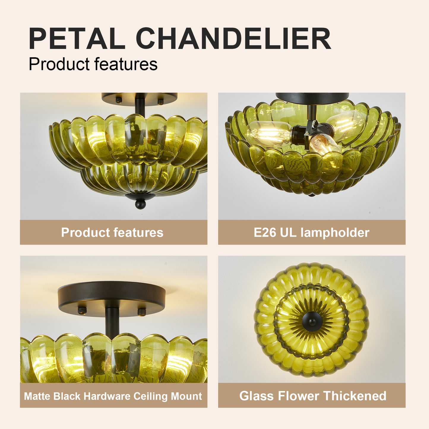 Green Glass Semi Flush Mount Ceiling Light - 3-Bulb Modern Fixture for Living Room & Bedroom