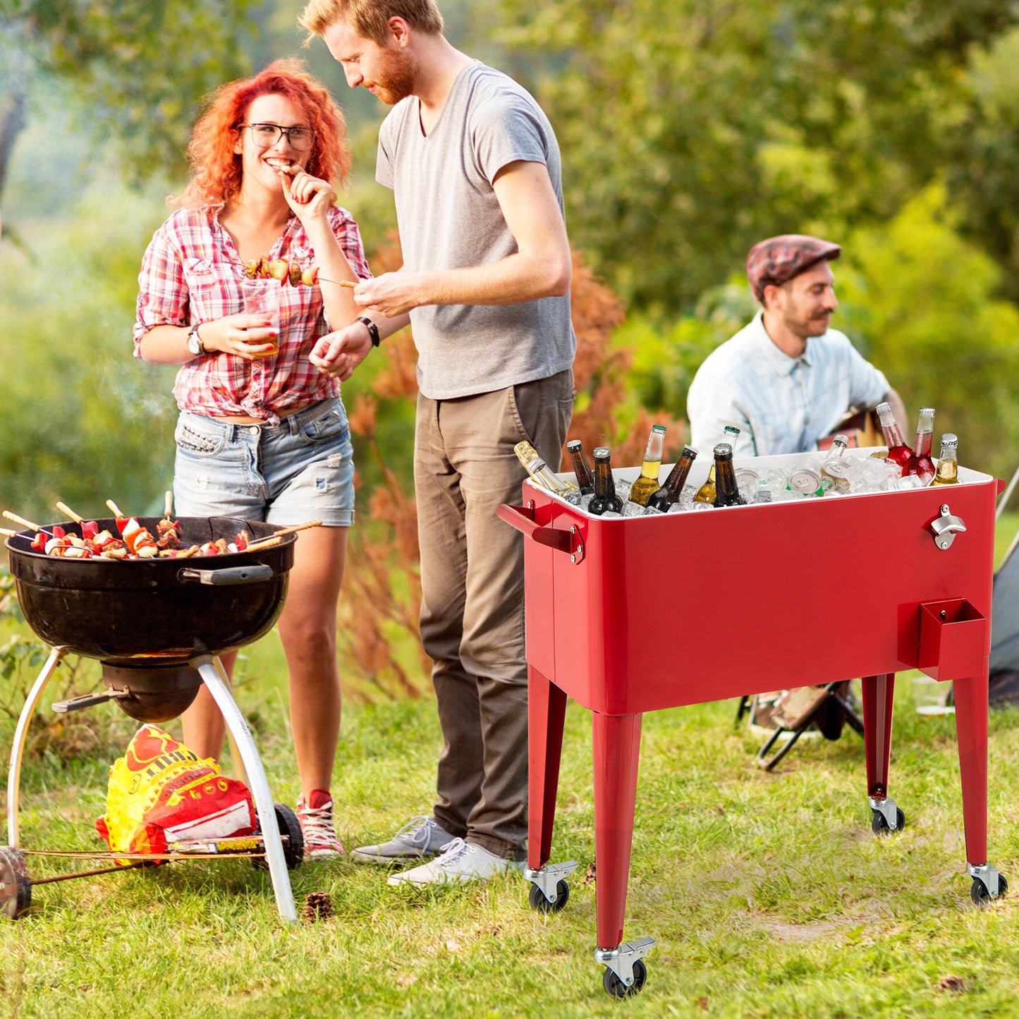 80 Quart Red Portable Outdoor Cooler Cart with Wheels