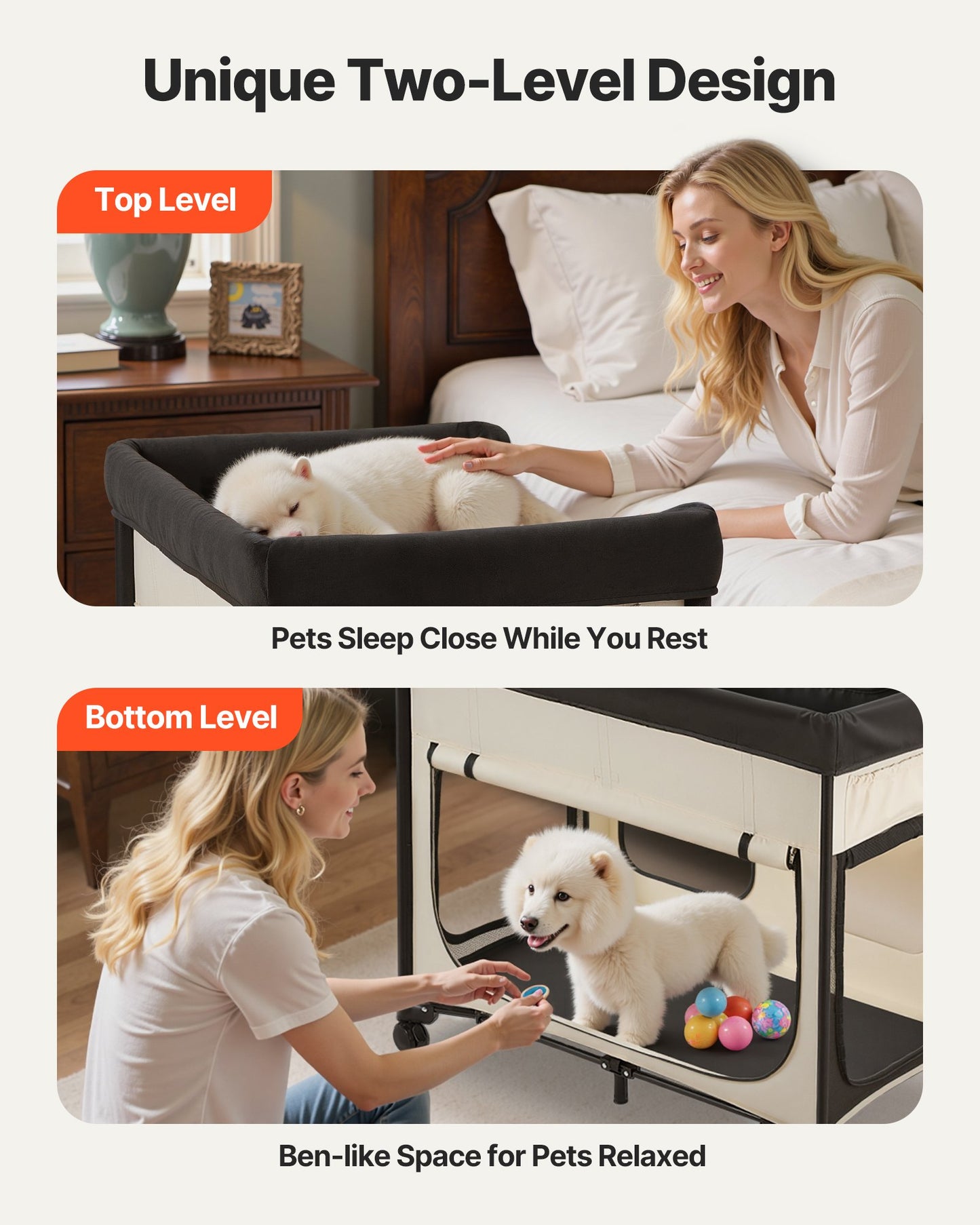 Elevated Foldable Dog Bed with Wheels & Side Storage - Beige