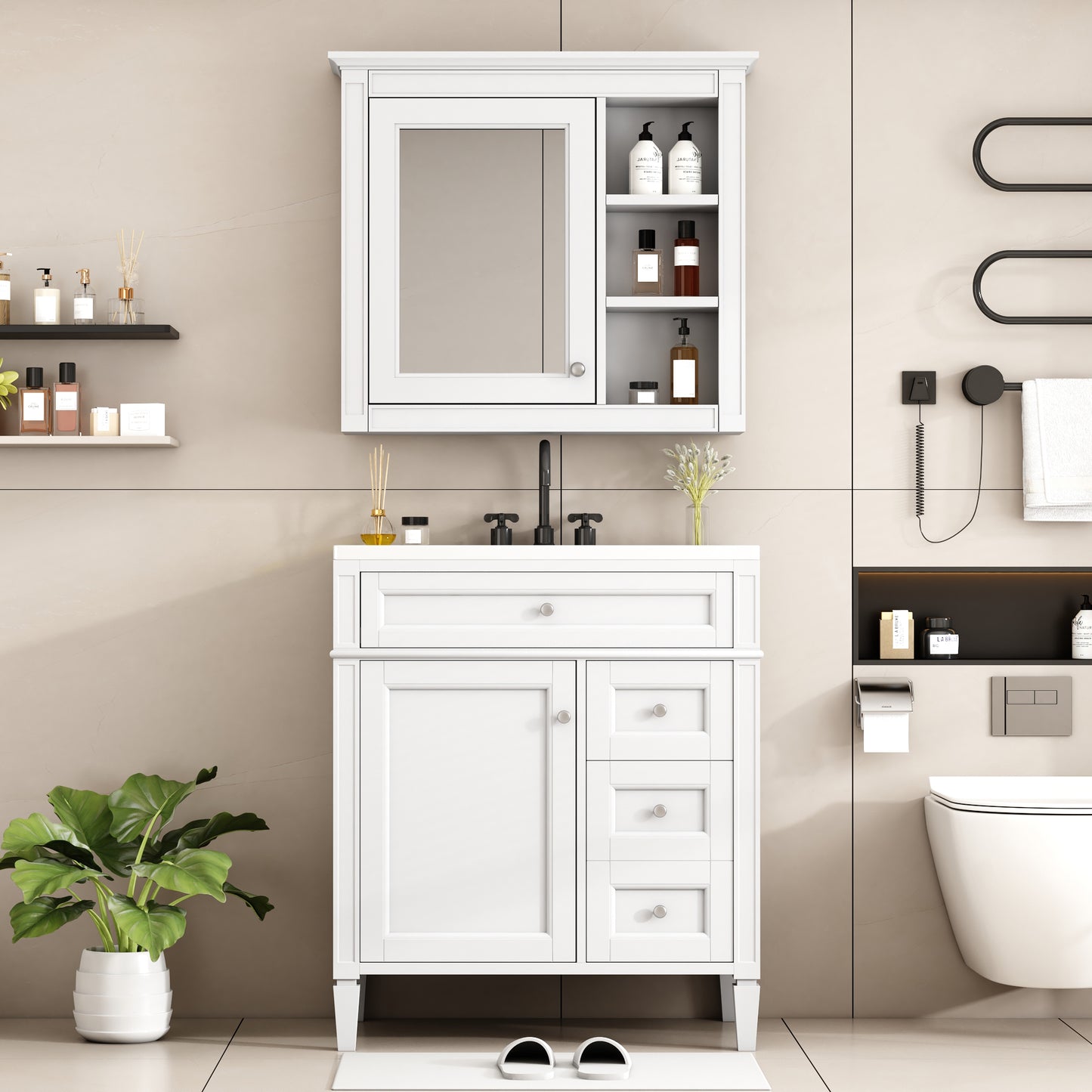 30'' Modern Bathroom Vanity with Sink & Mirror Cabinet - White