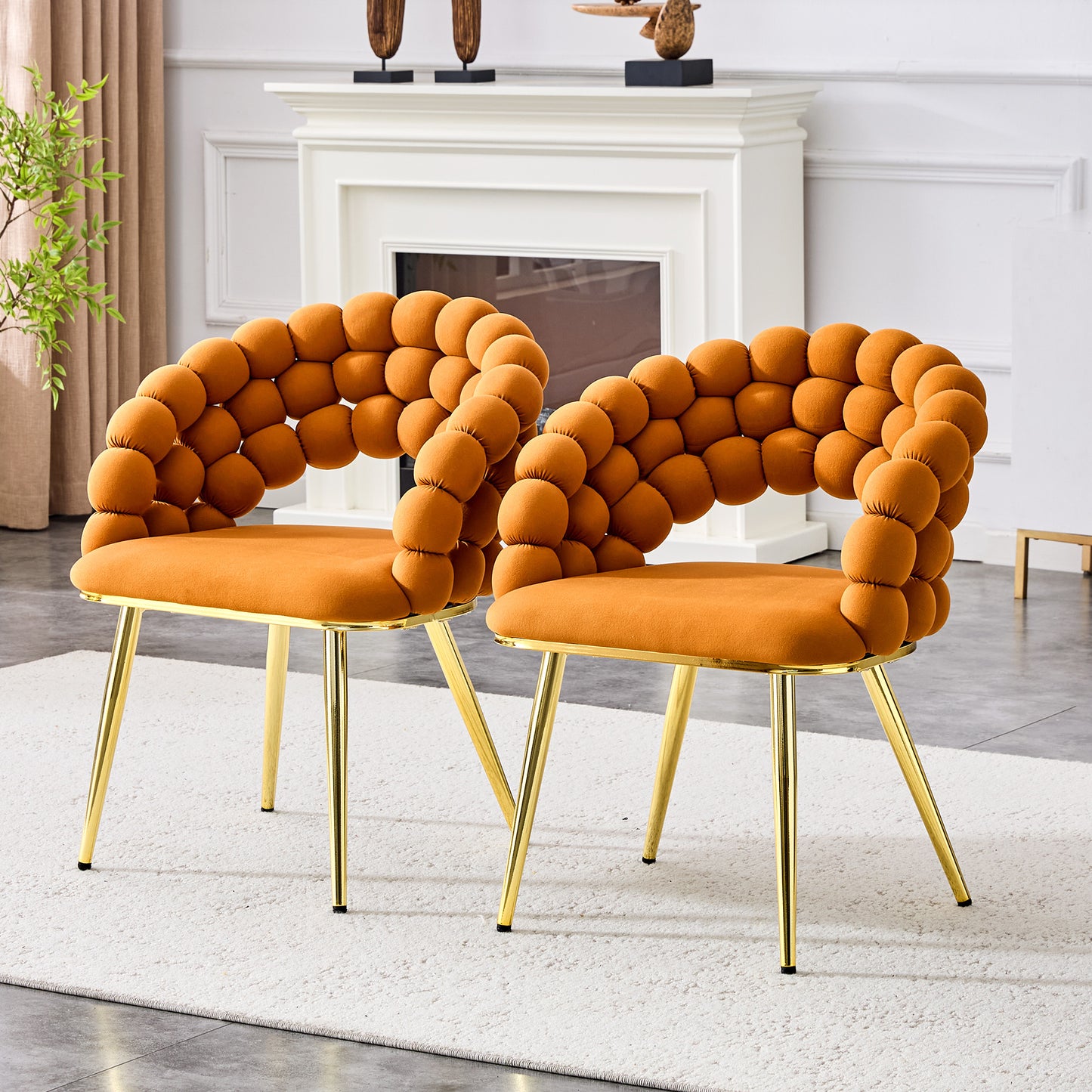Set of 2 Orange Velvet Bubble Chairs with Gold Legs - Modern Accent