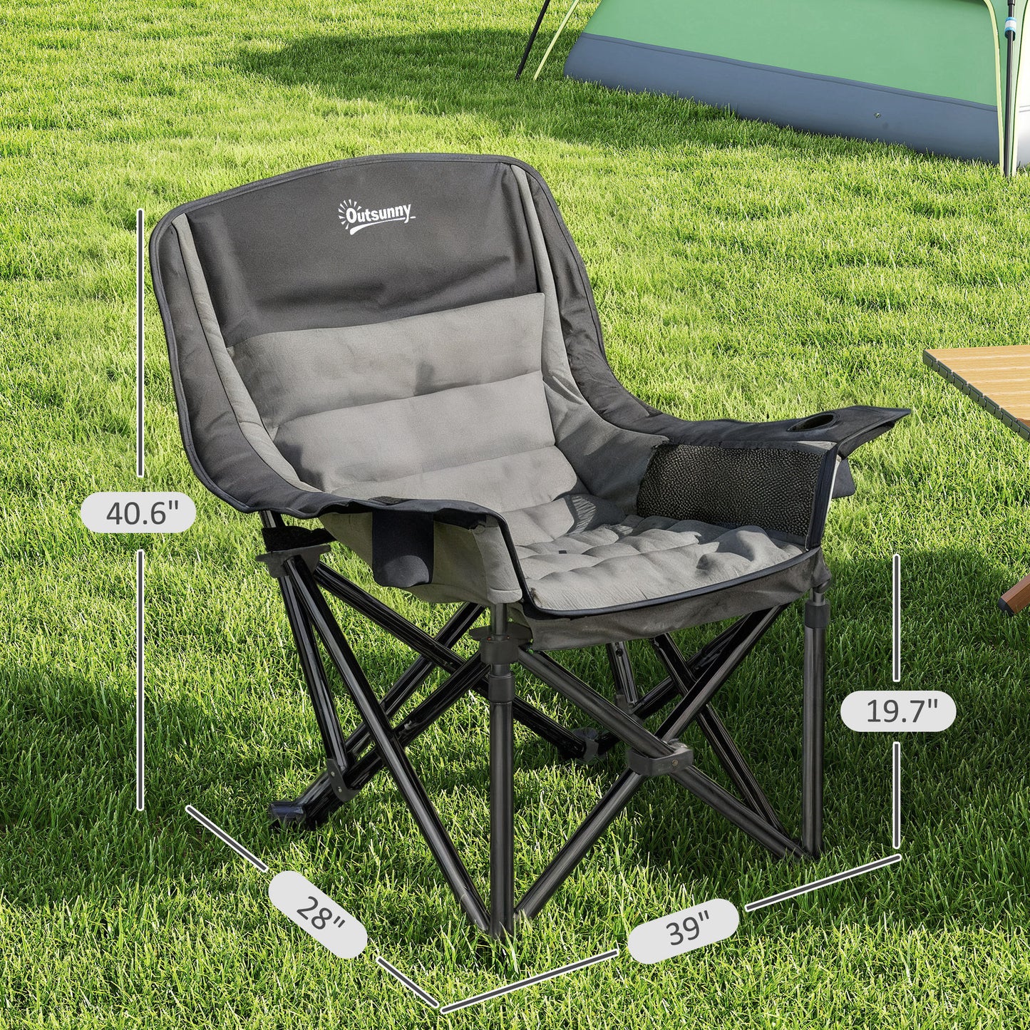 Portable Folding Camping Chair with Cup Holders & Side Pockets - Gray