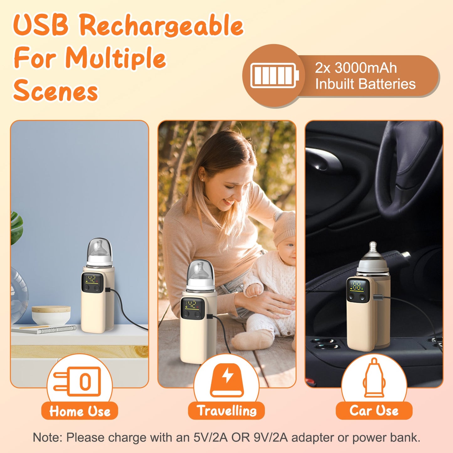 Portable Baby Bottle Warmer with Night Light - Travel & Home Use, 6 Heating Levels