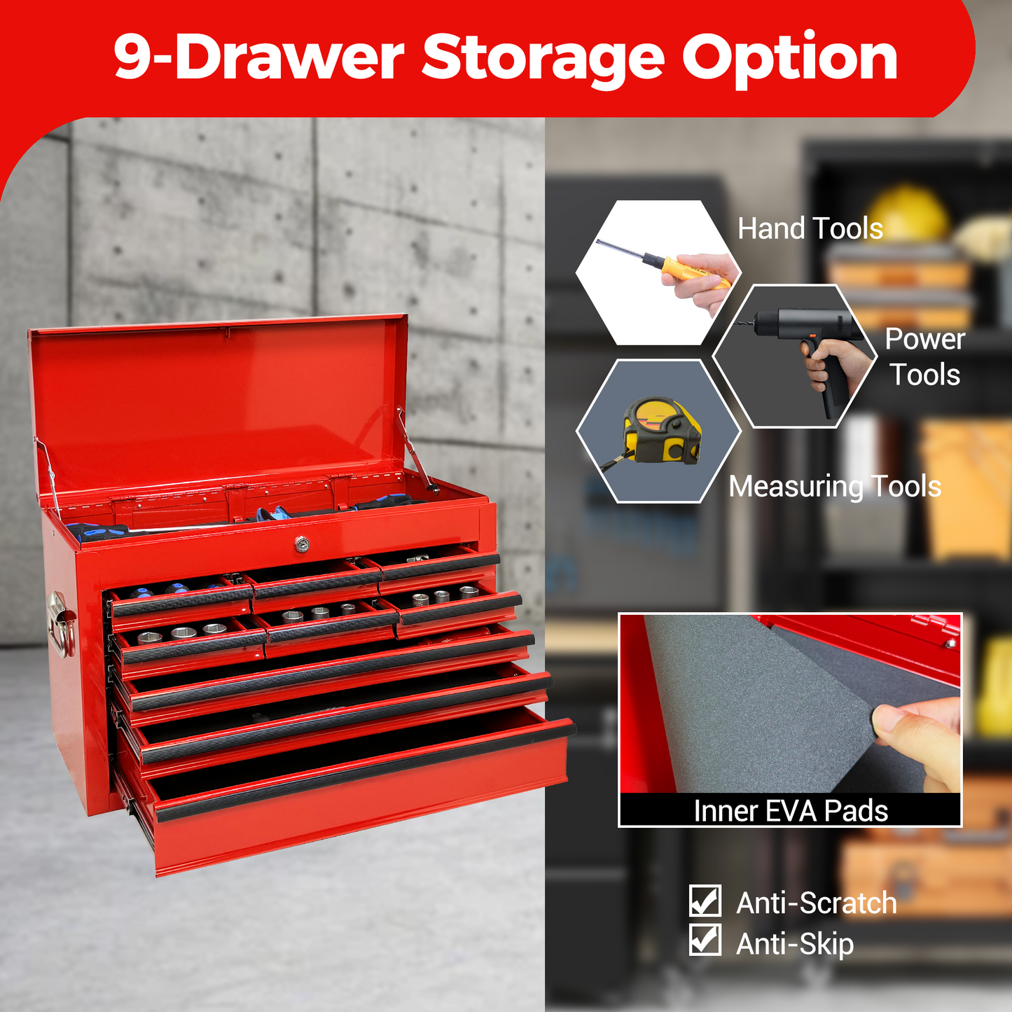 24-Inch Heavy Duty Metal Tool Box with 9 Drawers and Locking System - Red