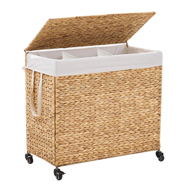160L 3-Section Laundry Hamper With Lid And Wheels, Woven Natural