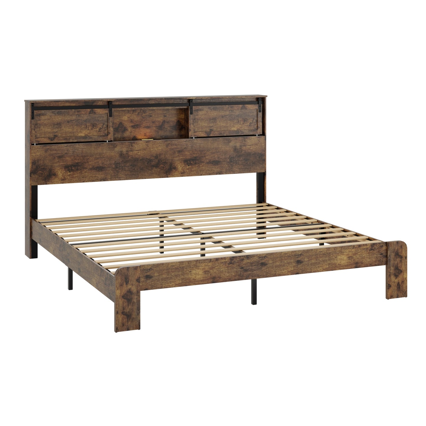 Queen Metal Platform Bed Frame with Charging Station - Dark Brown