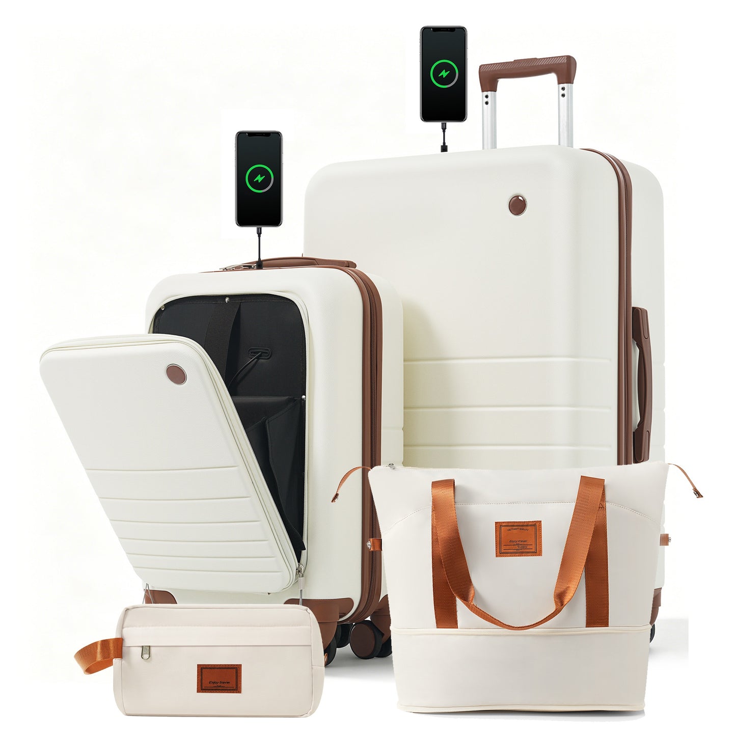 4-Piece Luggage Set with USB Charging Ports - Ivory