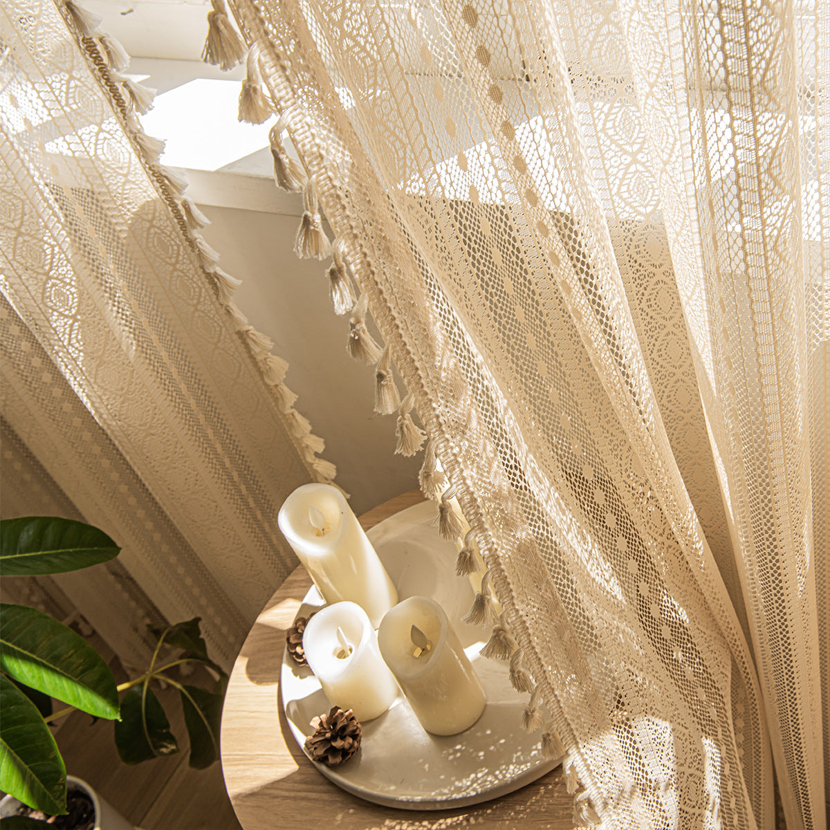 Wood Color Lace Mesh Curtains for Living Room & Bedroom - Bohemian Dots