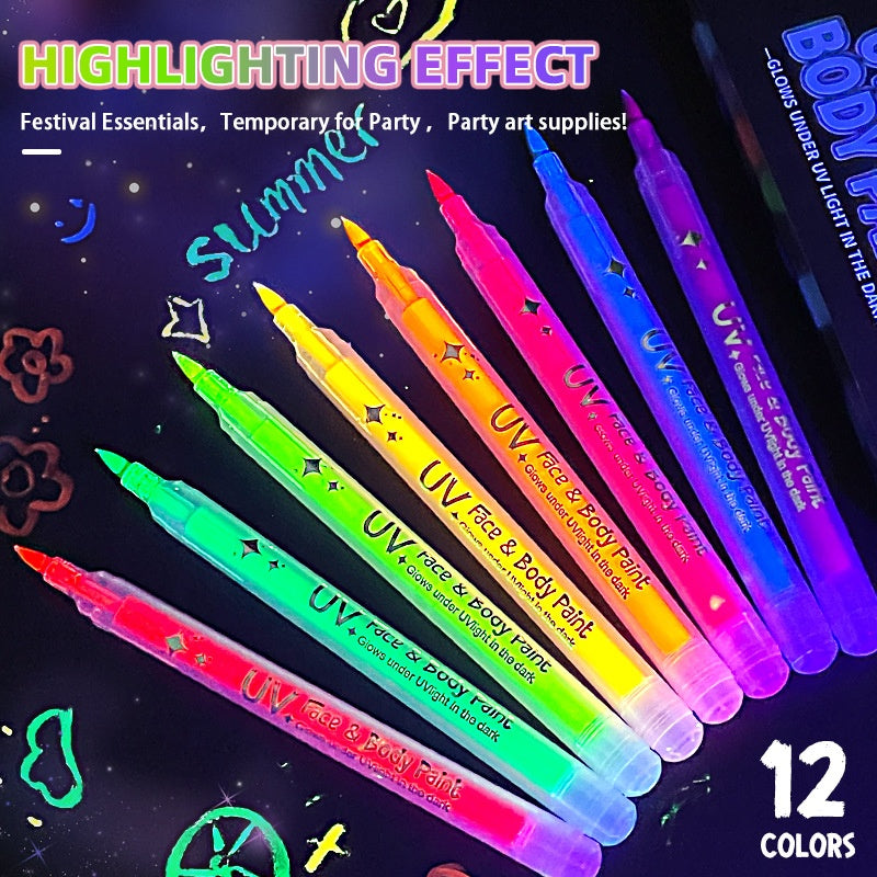 UV Glow Body and Face Painting Acrylic Pen Set - 12 Colors