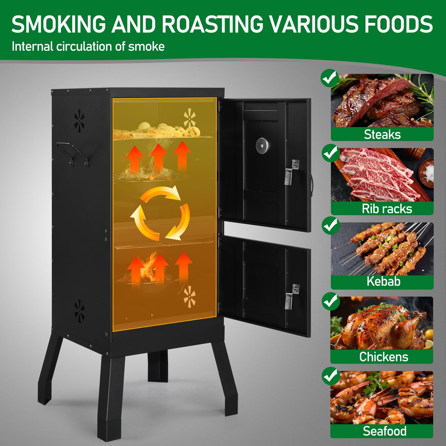 Outdoor Smoker with Double Door Design - Black