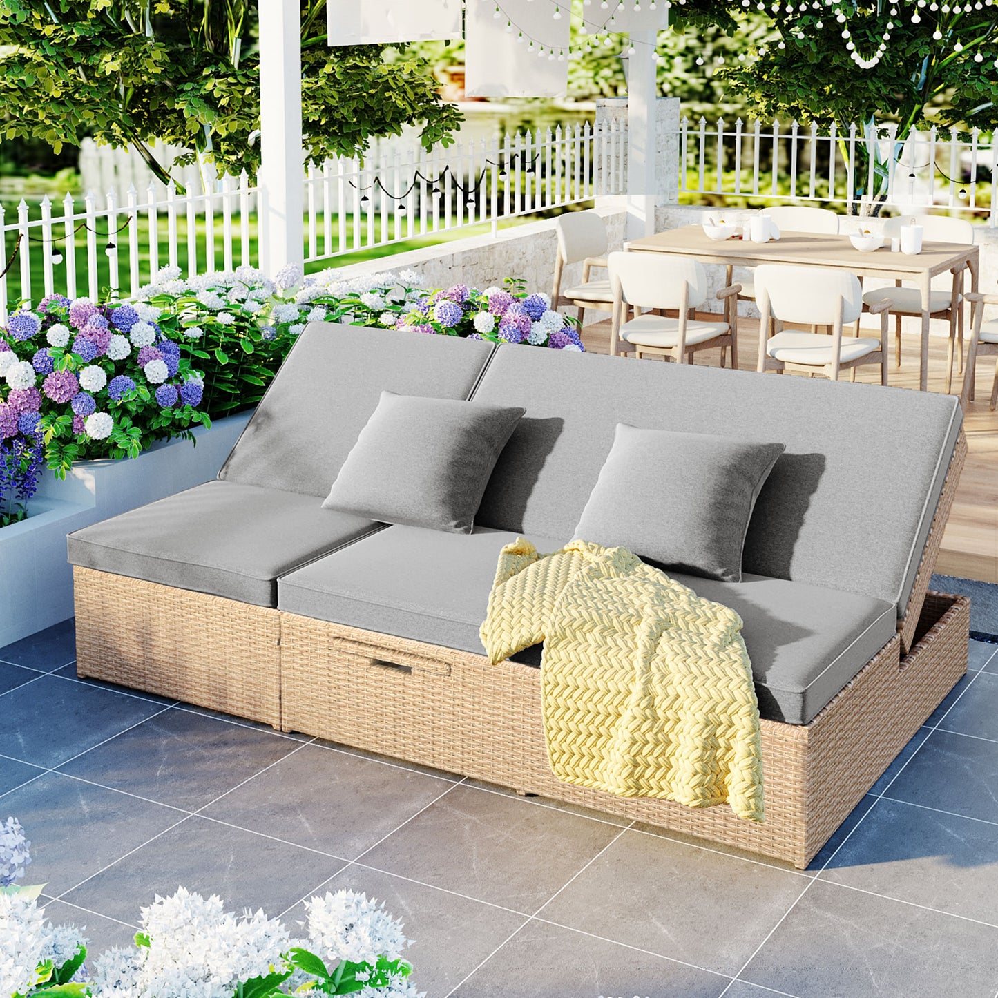 Double Outdoor Sunbed - Wicker Rattan Reclining Chairs for 2, Brown