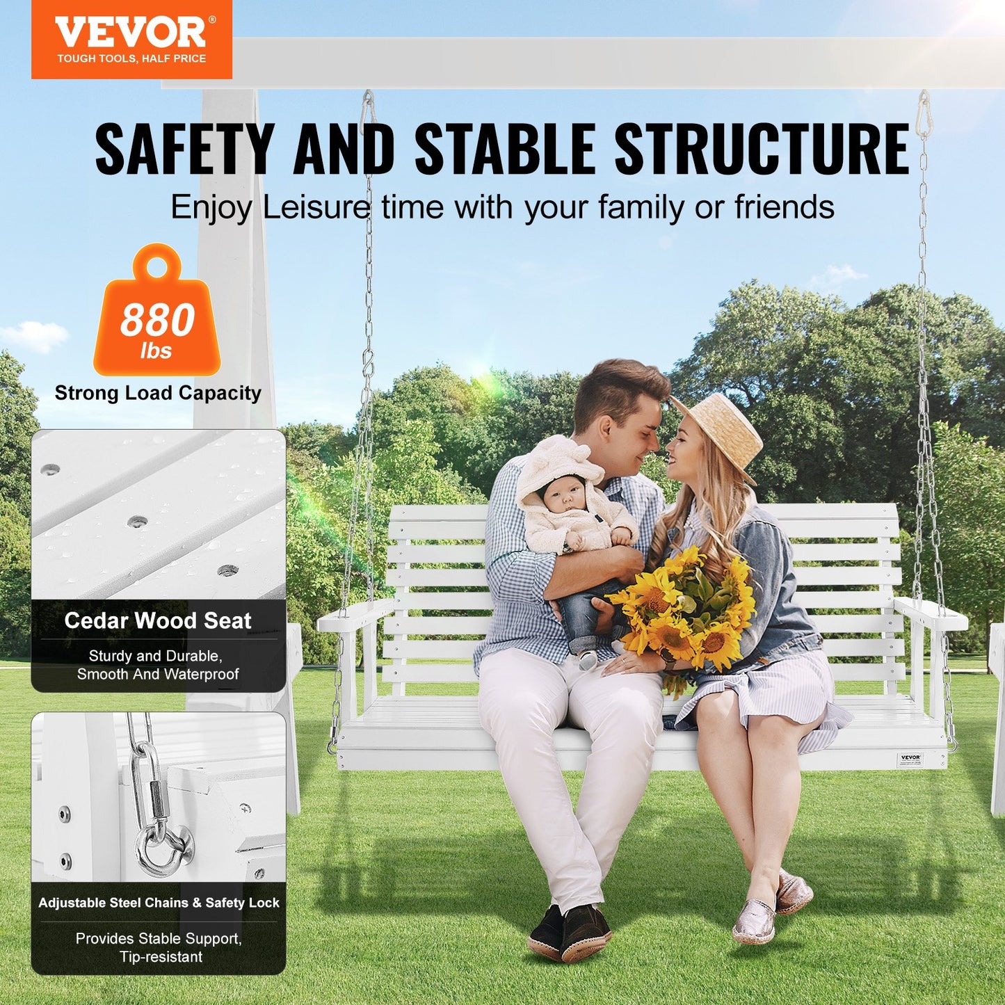 Heavy Duty Wooden Porch Swing 5 Ft with Steel Chains & Weatherproof Finish - White