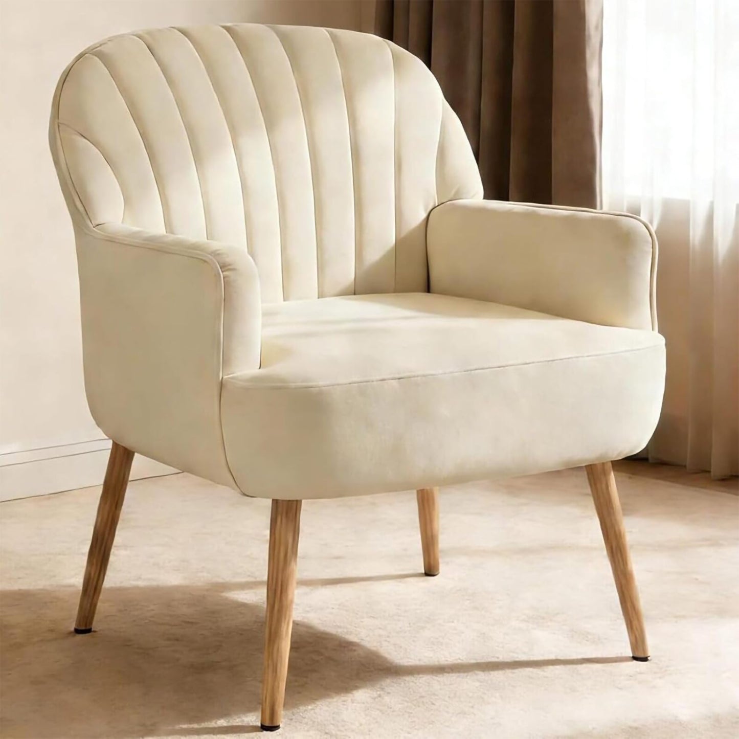 Beige Velvet Accent Chair - Modern Upholstered Barrel Armchair