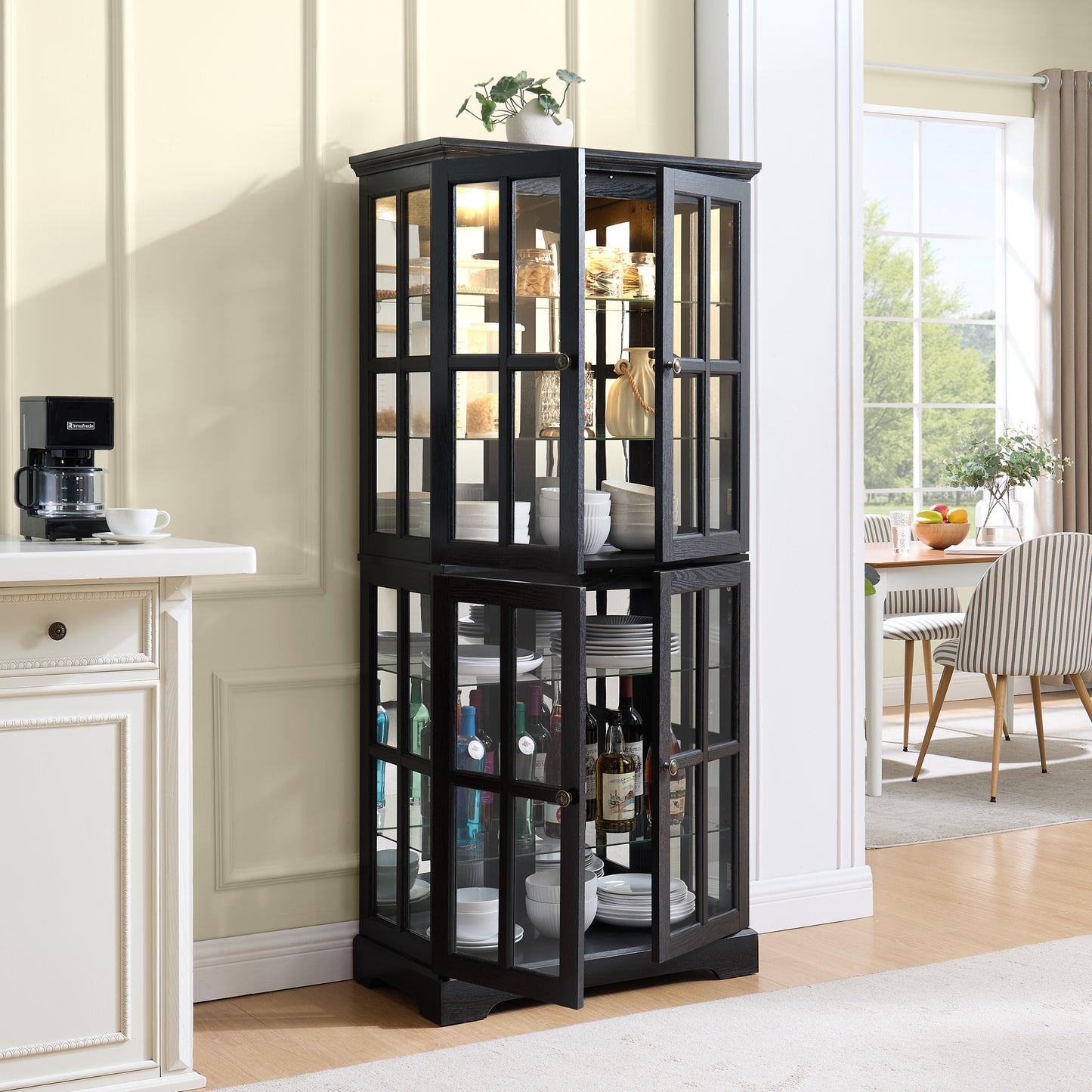 Antique Curio Display Cabinet with Glass Doors and Adjustable Shelves - Black