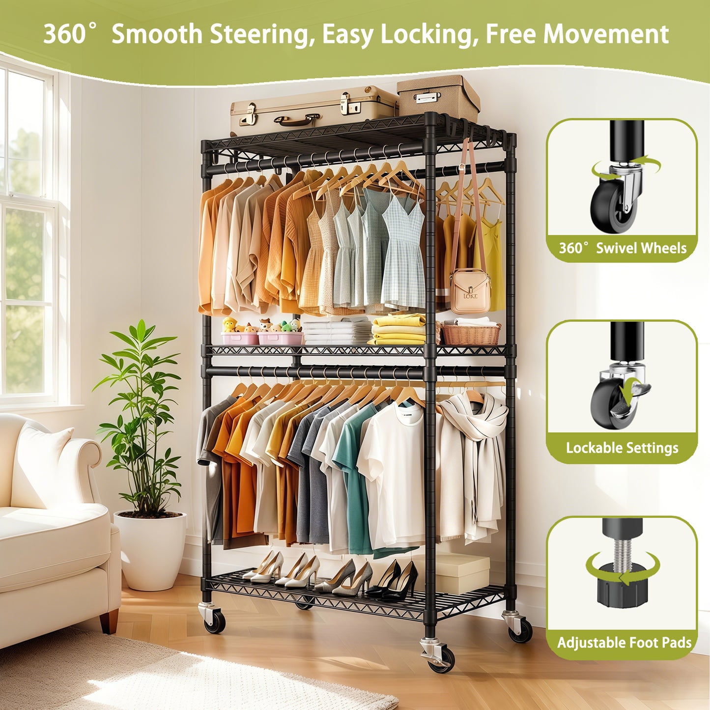 Rolling Clothes Rack, Heavy Duty Rack With Wheels, 3 Tiers Adjustable