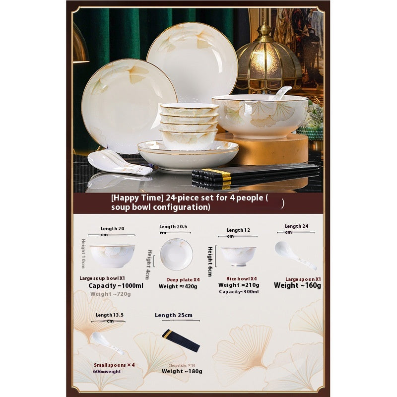 24-Piece Ceramic Dinnerware Set with Bowls and Spoons - Household Tableware
