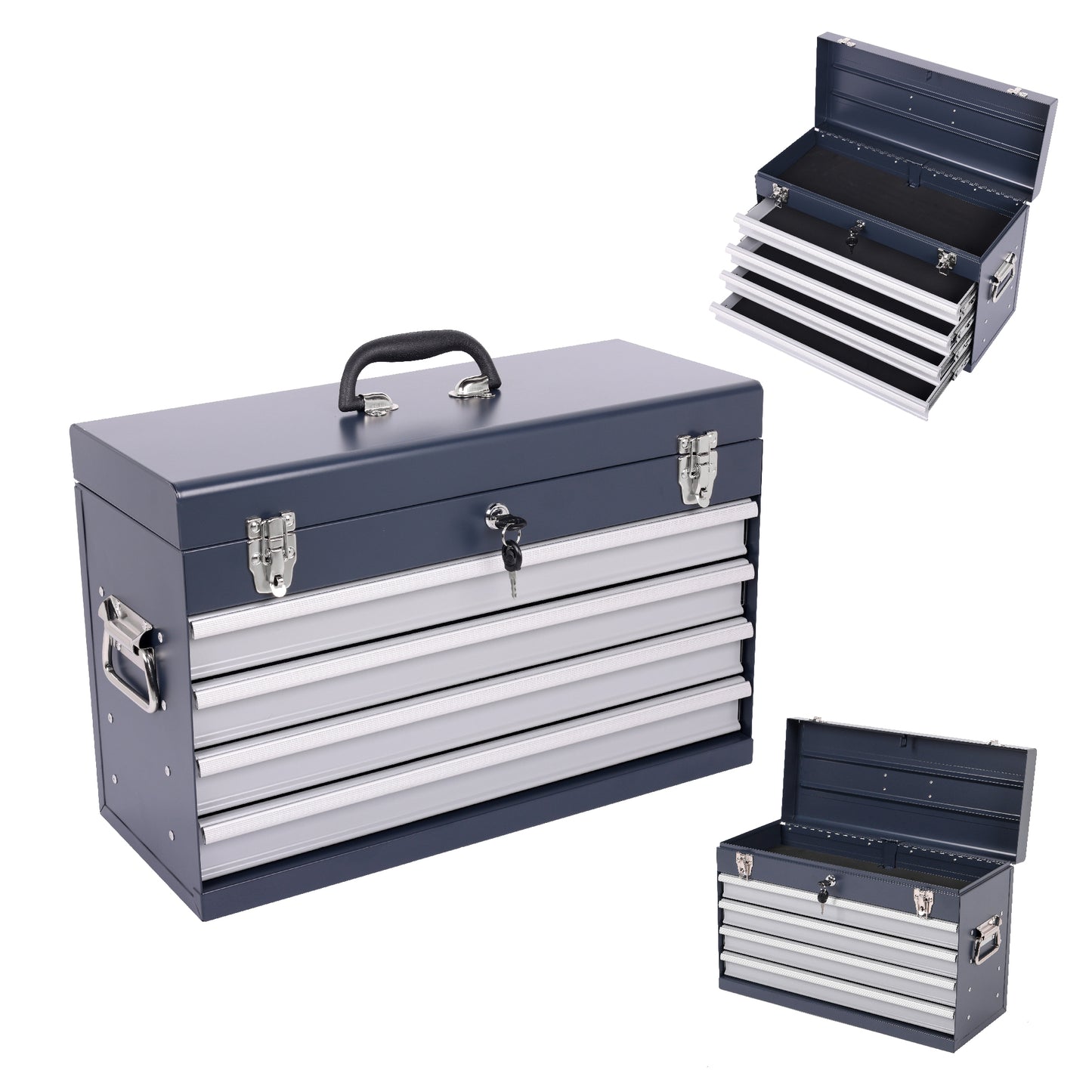Heavy Duty Metal Tool Box 21-inch with 4 Drawers, Locking, EVA Liners, Antique Grey