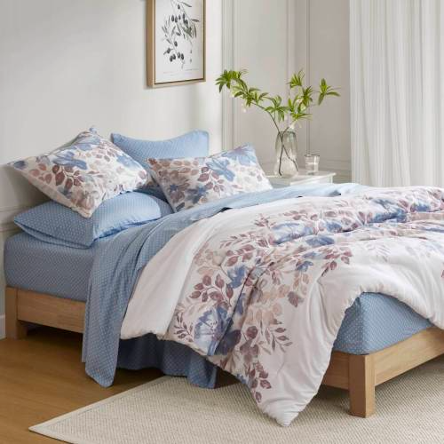Floral Comforter Set with Bed Sheets - Blue Queen Size