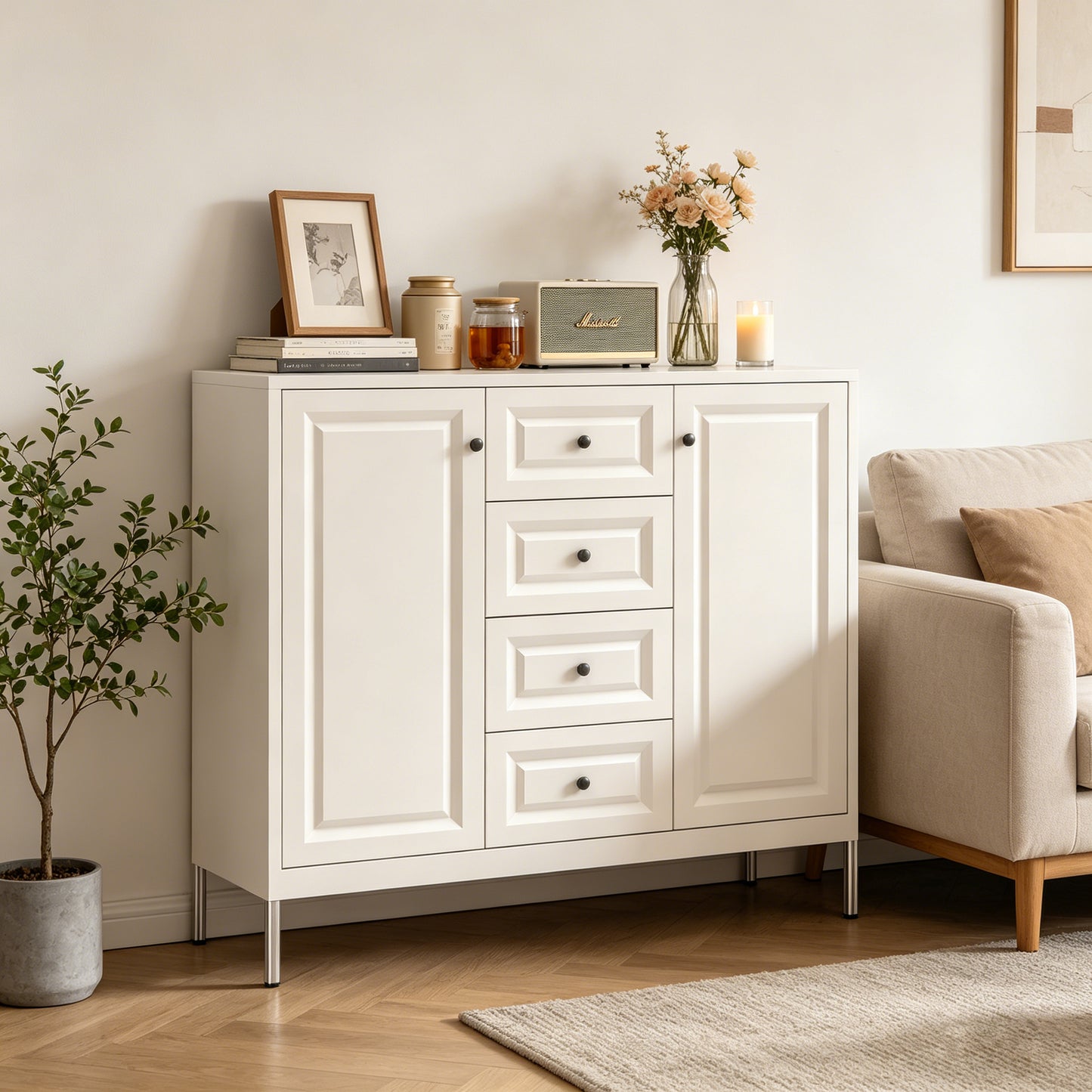 Beige 40.16'' Storage Sideboard Buffet Cabinet with 4 Drawers & 2 Doors