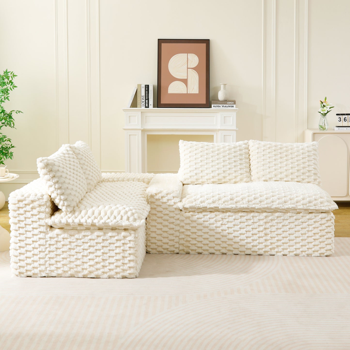 Luxury White Velvet Multifunctional Sofa - Arranged for 4 People