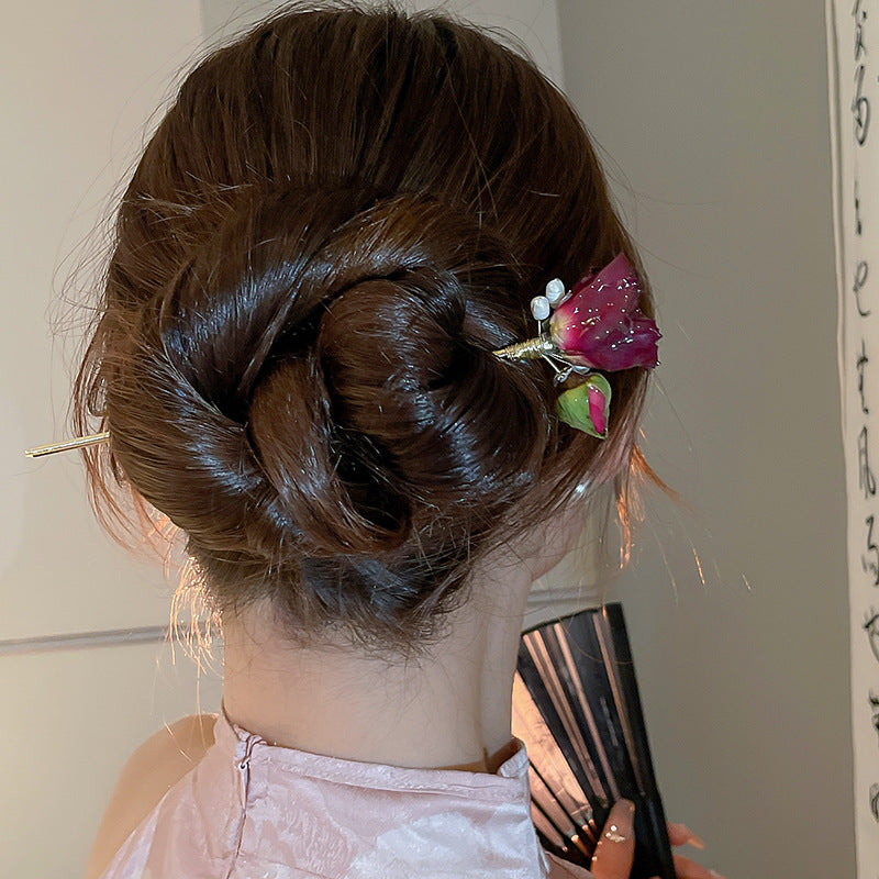 Chinese Style Rose Pearl Hairpin - Golden Red Acrylic Hair Accessory