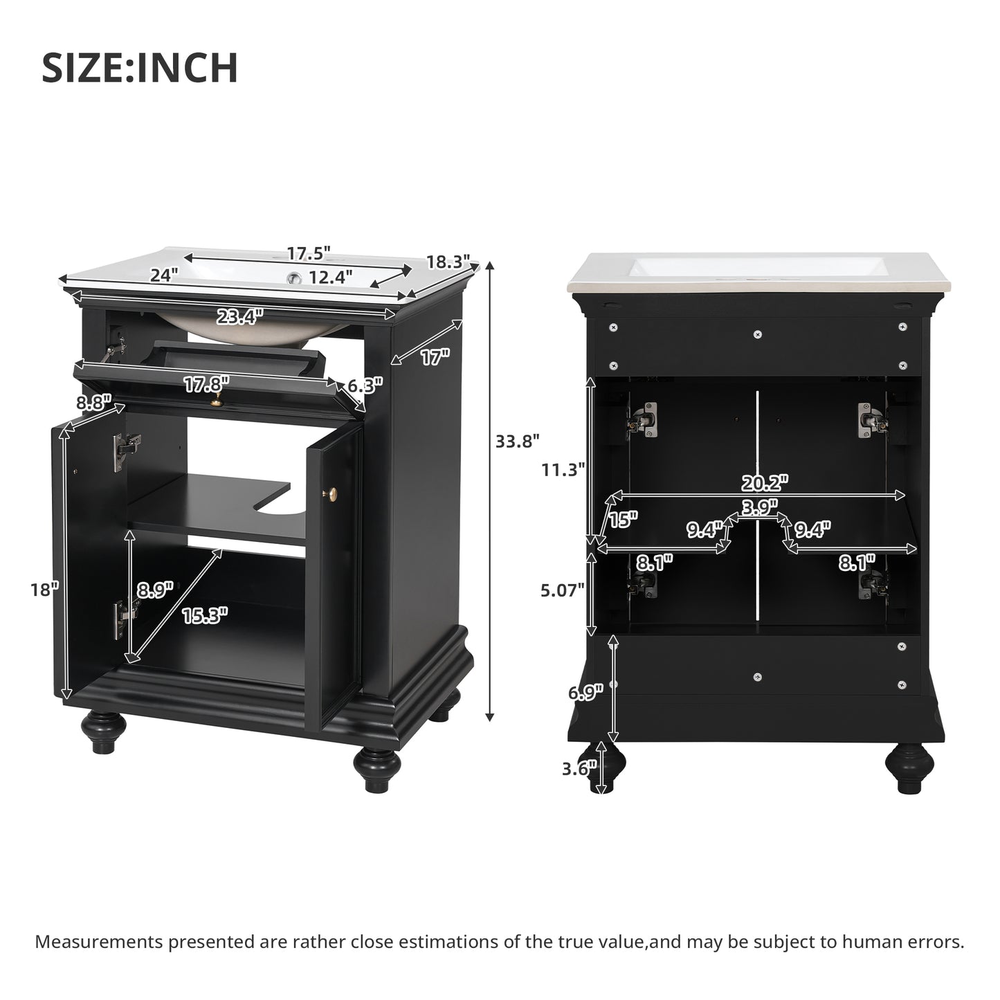24" Black Modern Bathroom Vanity with Tip-Out Drawer & Soft-Close Hinges