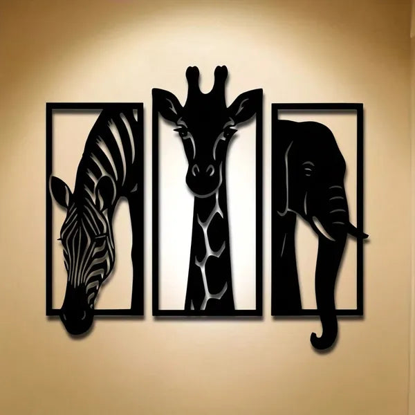 African Animal Metal Wall Art Set - Zebra Giraffe Elephant Decor - 3 Pieces