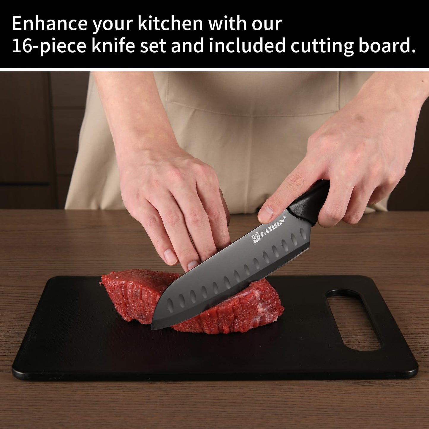 16-Piece Kitchen Knife Block Set with Cutting Board - Black
