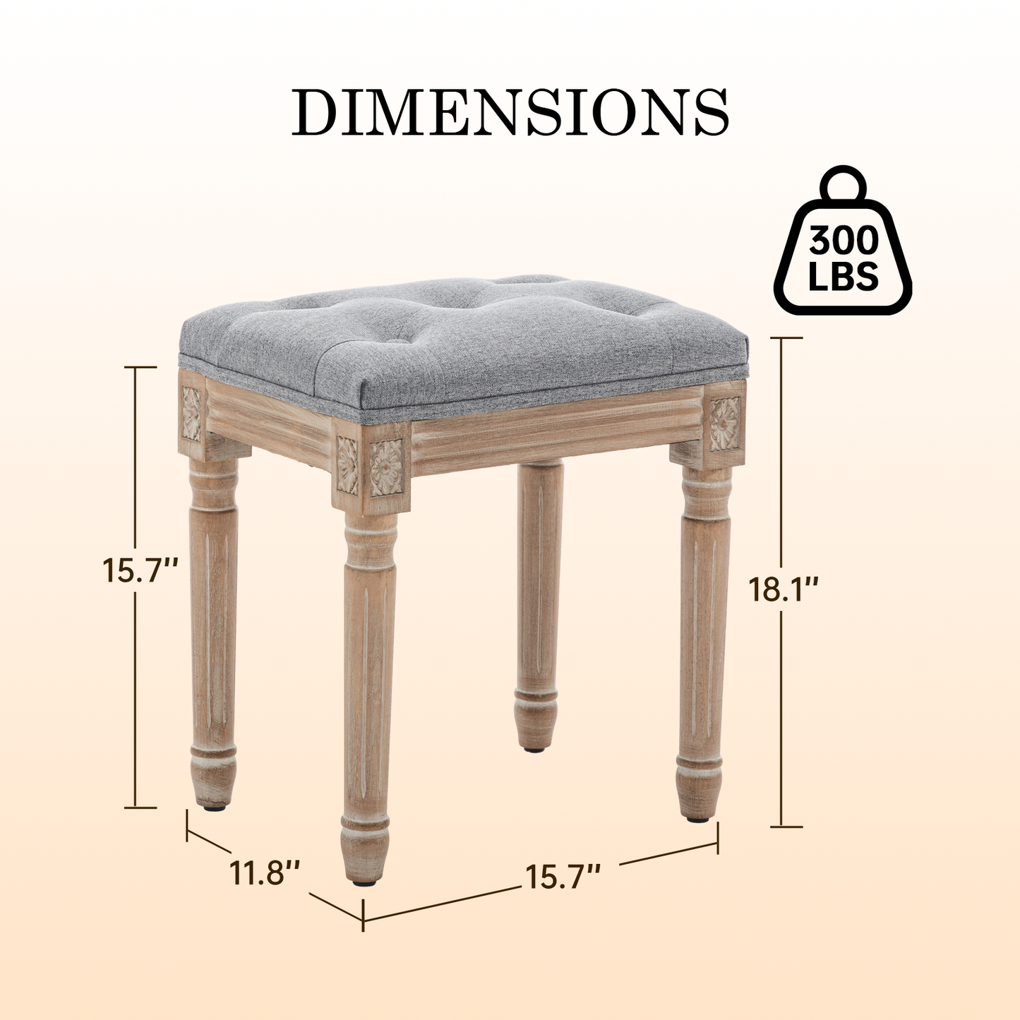 Grey Tufted Vanity Stool with Solid Wood Legs - Bedroom Bench