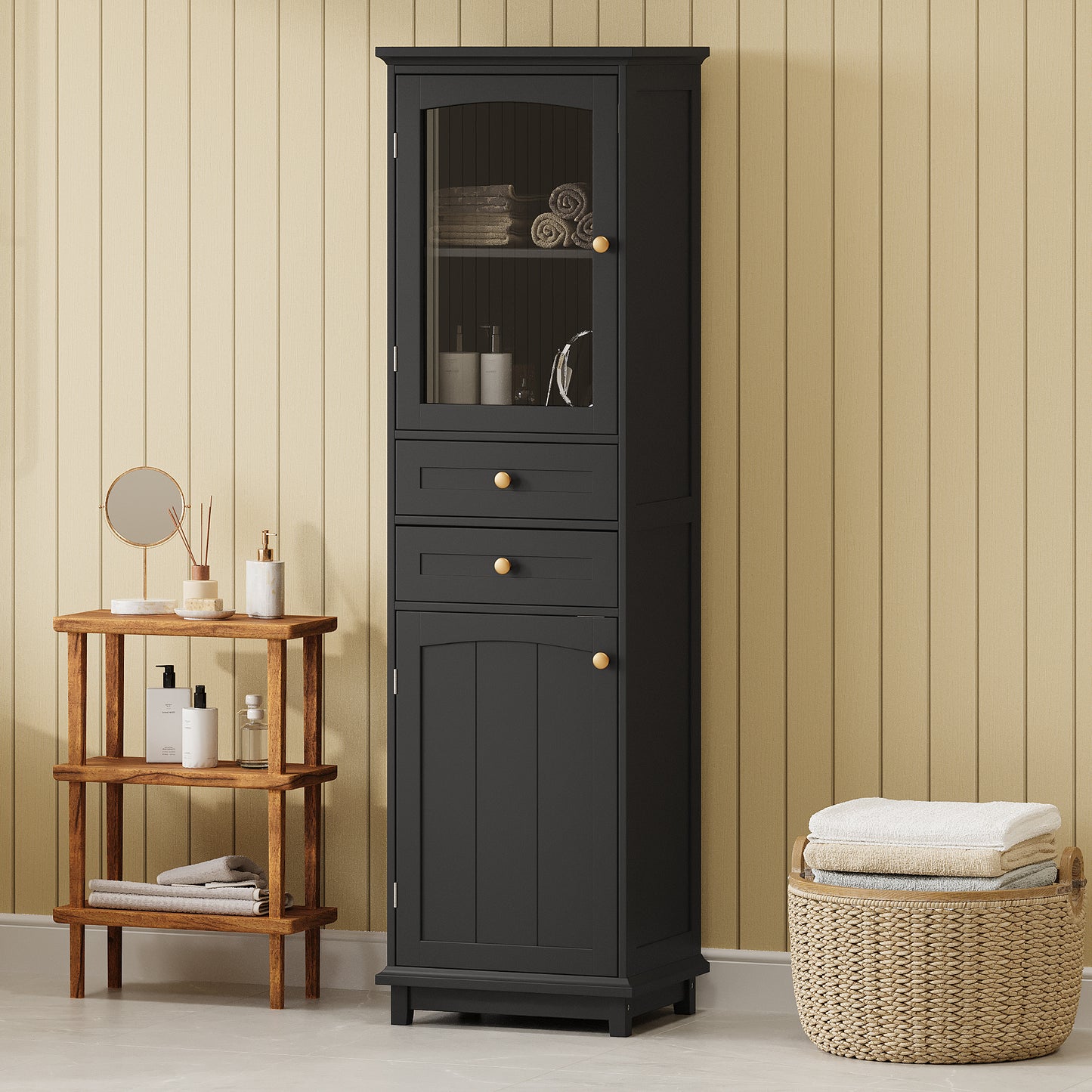 63" Tall Bathroom Storage Cabinet with Glass Doors - Black