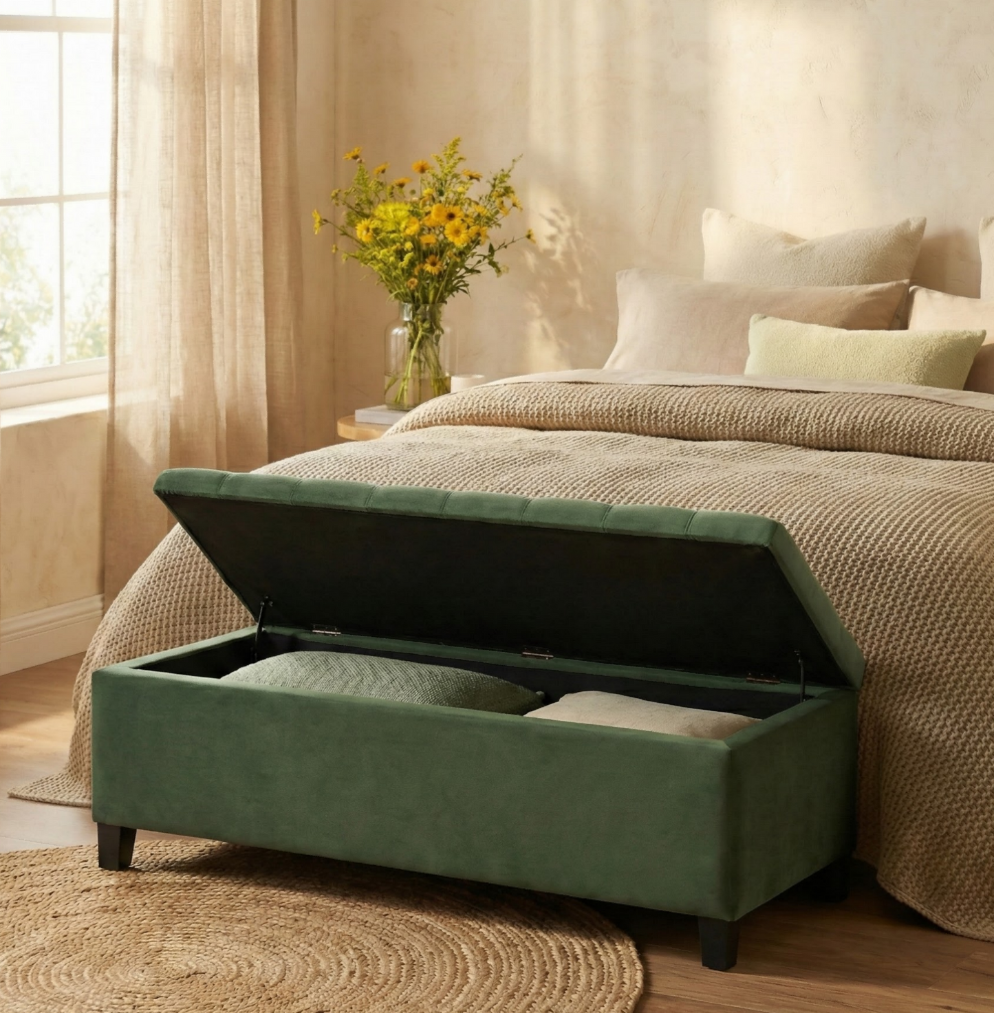 Upholstered Storage Ottoman Bench - Retro Green, 300lbs Capacity