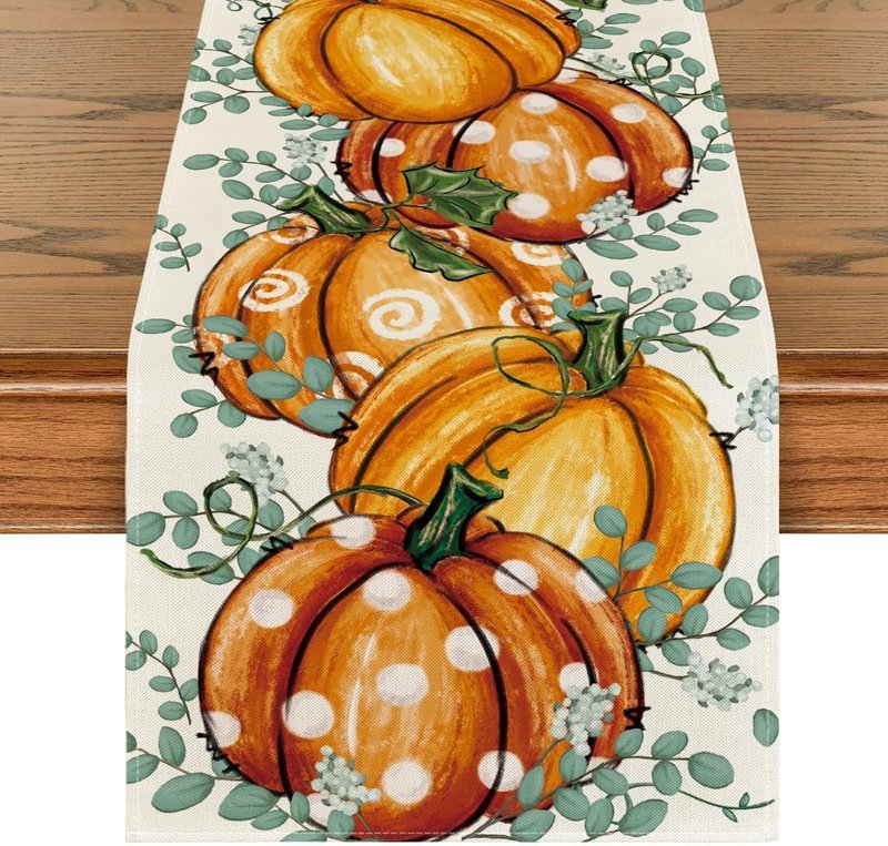 Pumpkin Eucalyptus Leaf Polyester Table Flag for Festive Home Decor