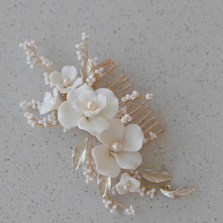 Ceramic Flower Hair Comb - Metal, Compact Design
