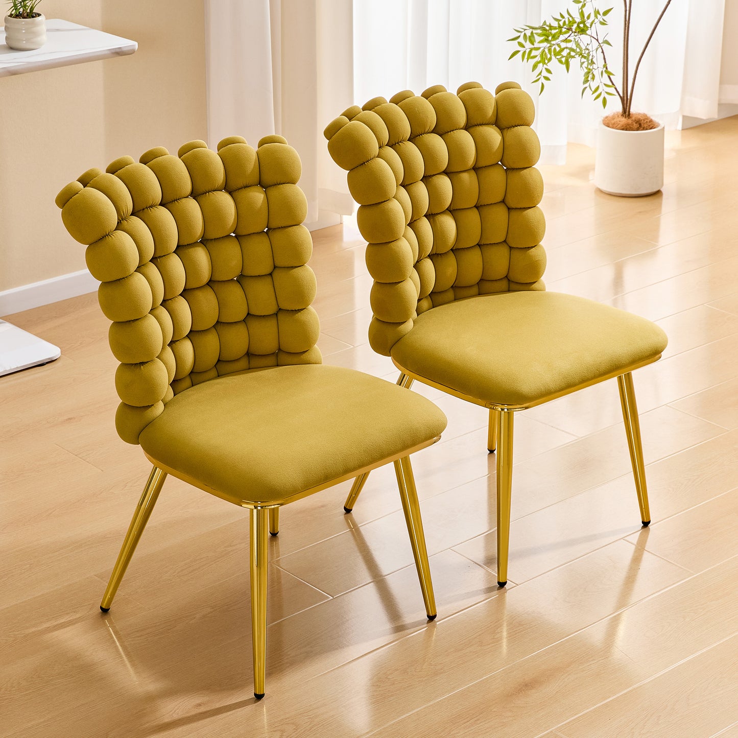 Set of 2 Ergonomic Tufted Accent Chairs with Gold Legs
