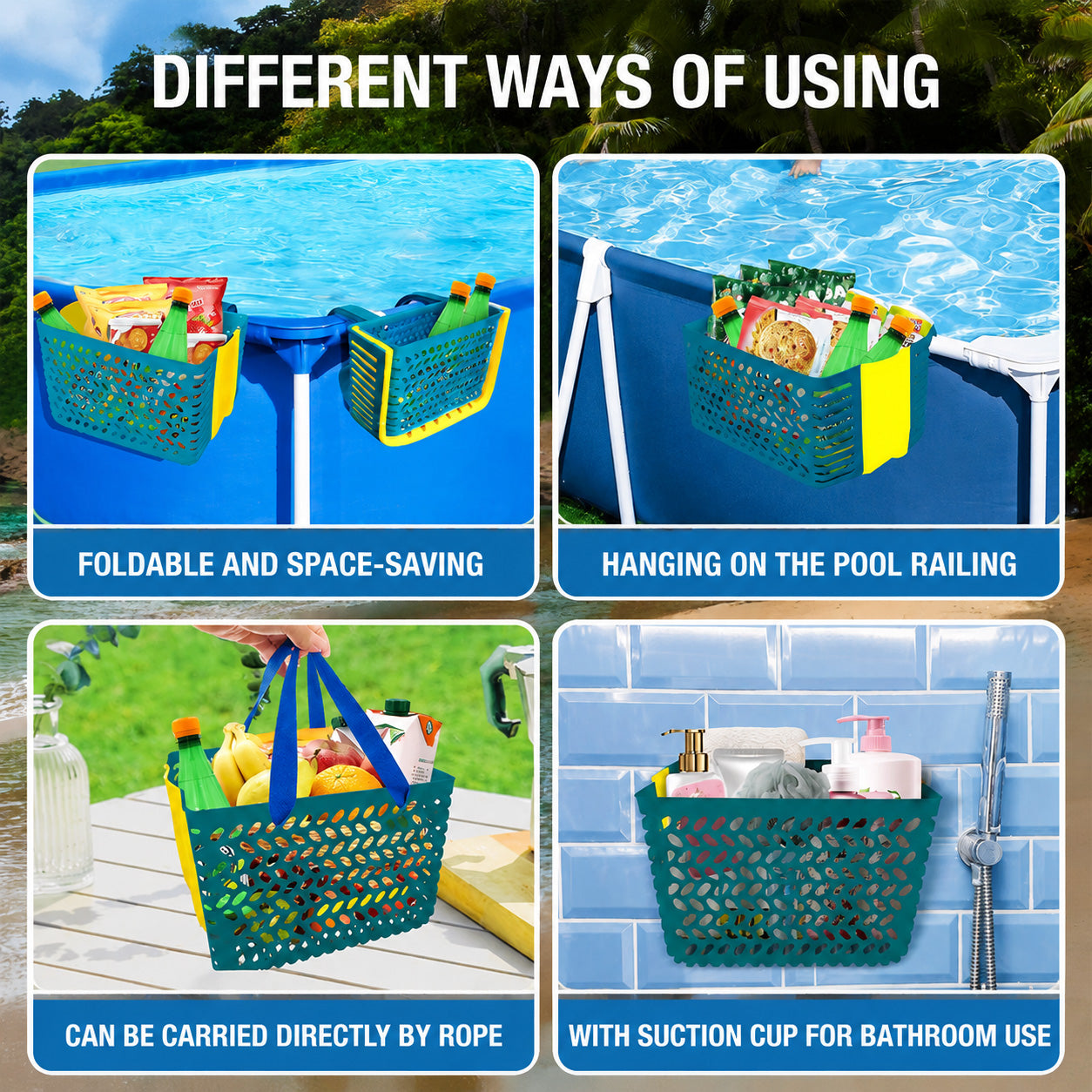 Foldable Plastic Pool Storage Basket with Water Drainage - Space Saving Tote