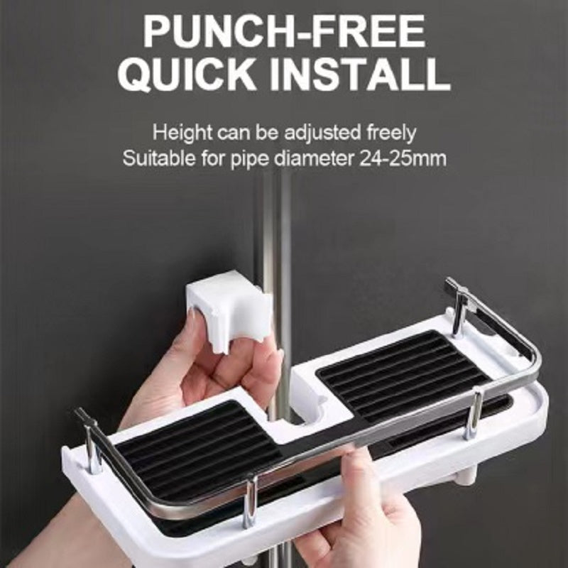 Bathroom Shower Rod Rack Without Punching, Wall-Mount Storage Shelf with Bracket, White or Black