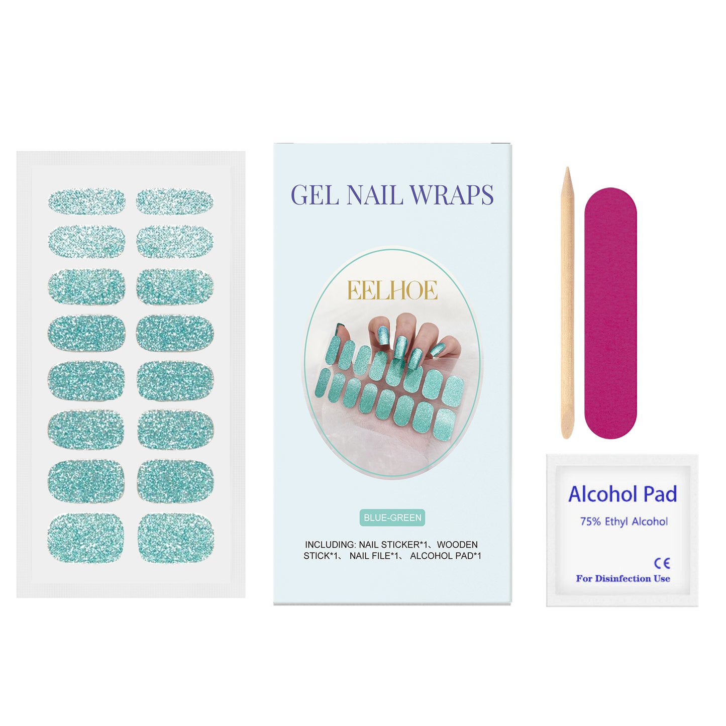 Semi-Cured Gel Nail Sticker Set - Shiny Blue-Green Minimalist Style