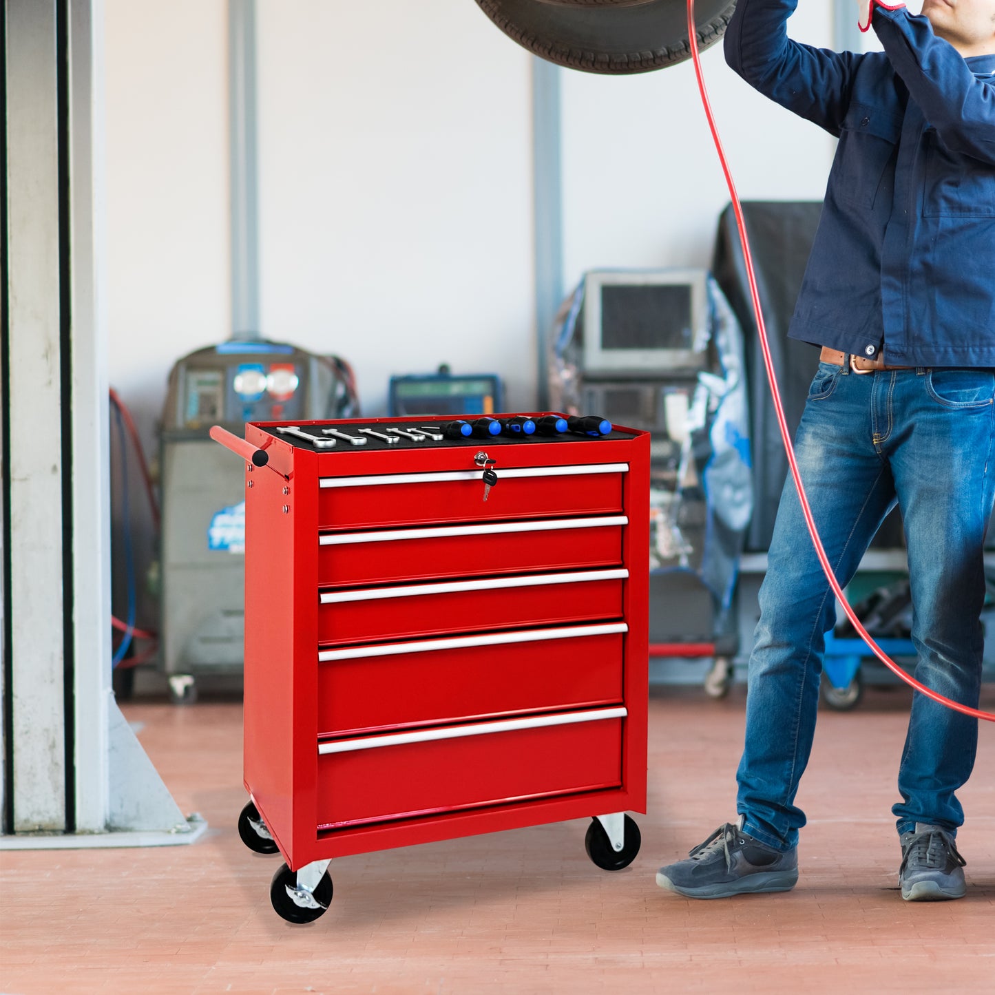 5-Drawer Rolling Tool Chest with Lock & Key, Steel Storage Cabinet, Red