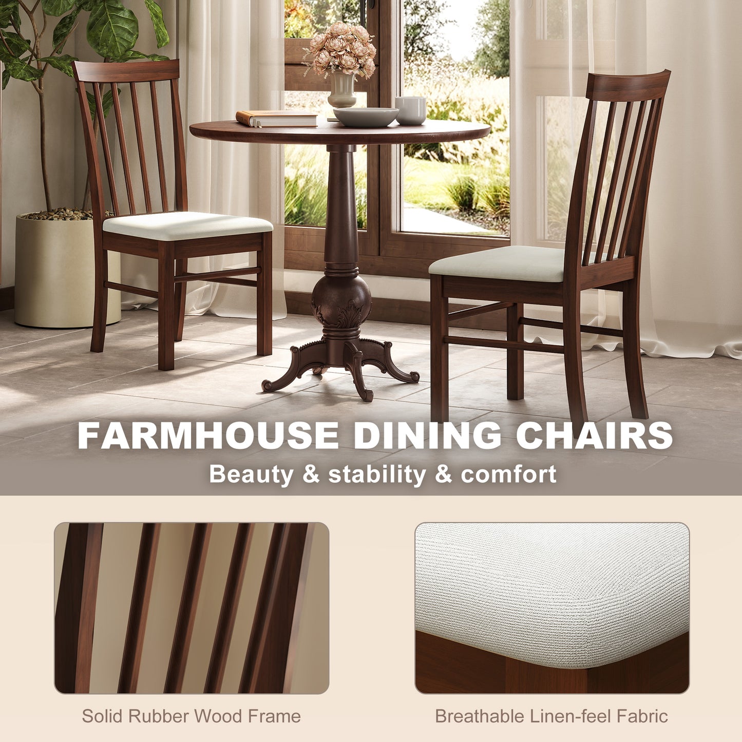 Set of 2 Upholstered Wooden Dining Chairs - Dark Brown & Beige