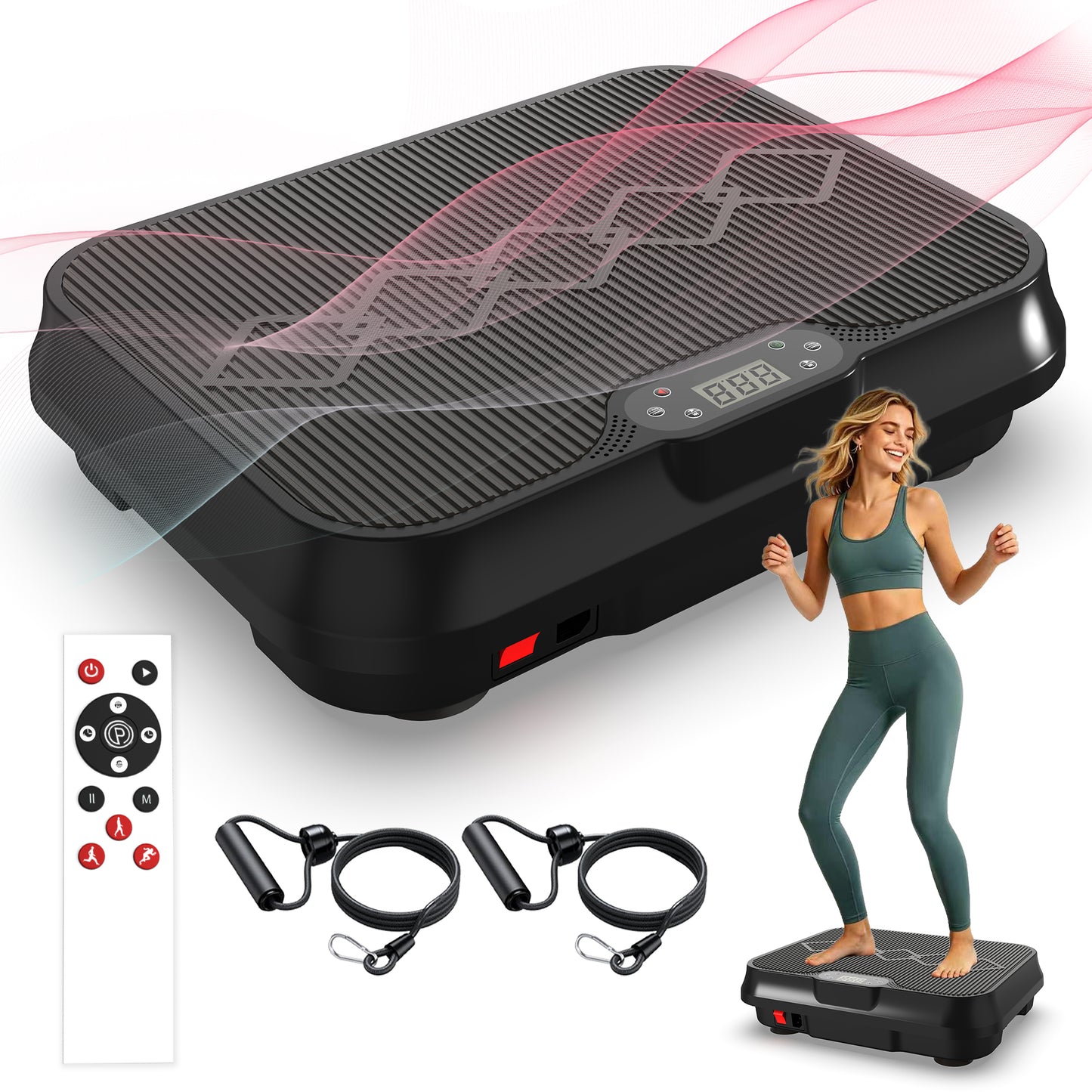 Vibration Plate Exercise Machine with Remote Control & Resistance Bands - Black
