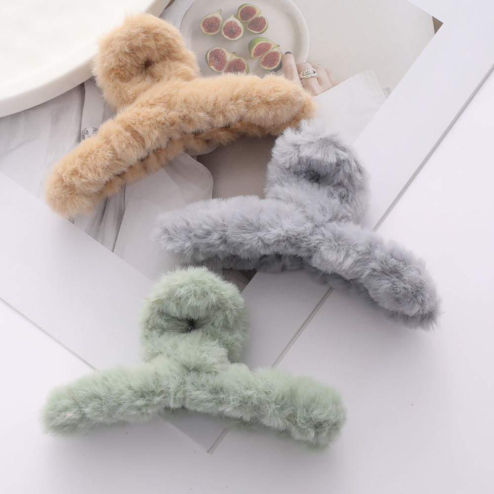 Solid Color Fur Grip Plush Back Hair Barrettes - Hair Accessories for Women