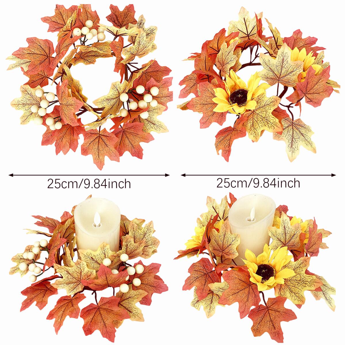 Fall Candle Rings - 2 Pcs Decorative Wreaths with Maple Leaves & Berries