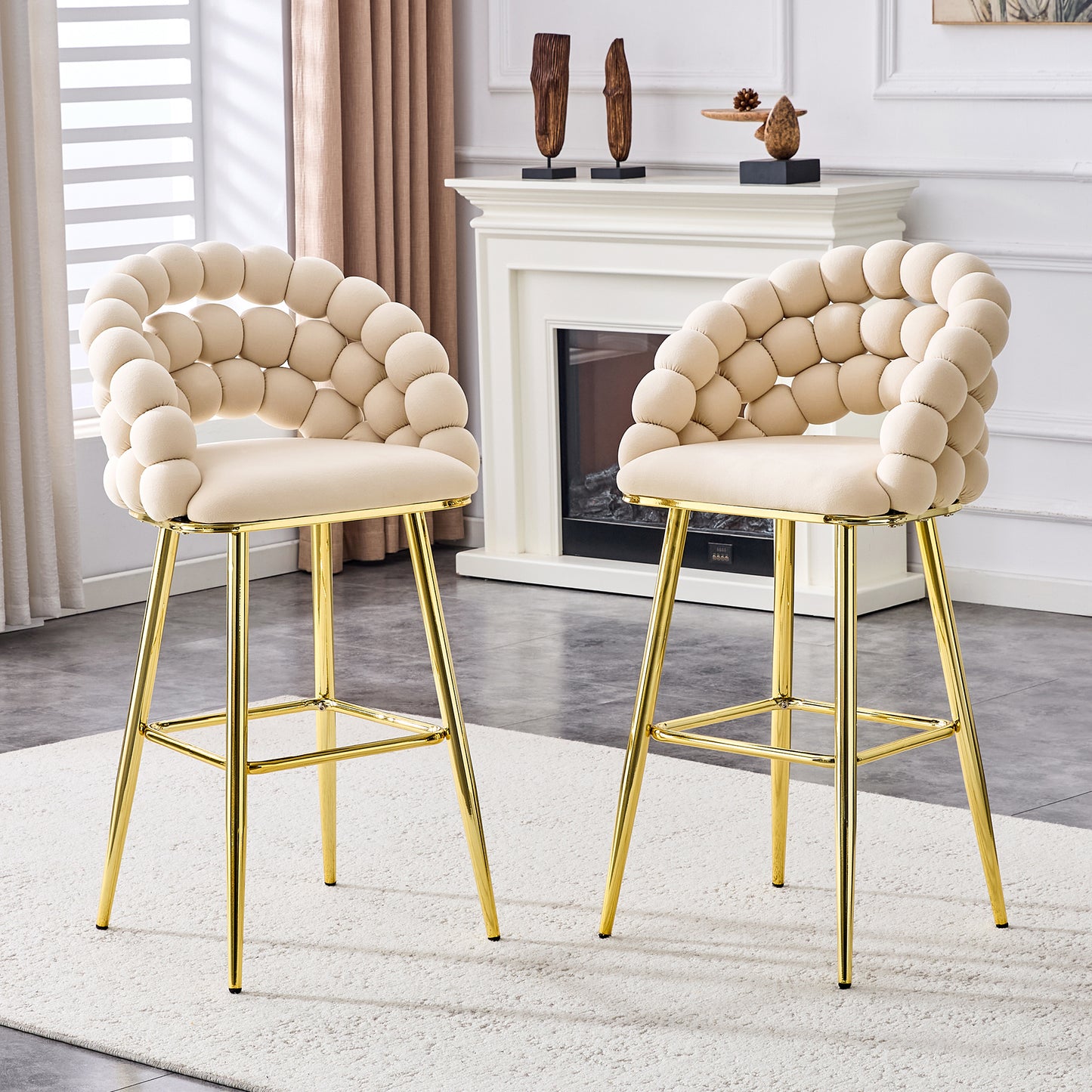 Set of 2 Modern Velvet Bar Stools with Gold Legs - Beige